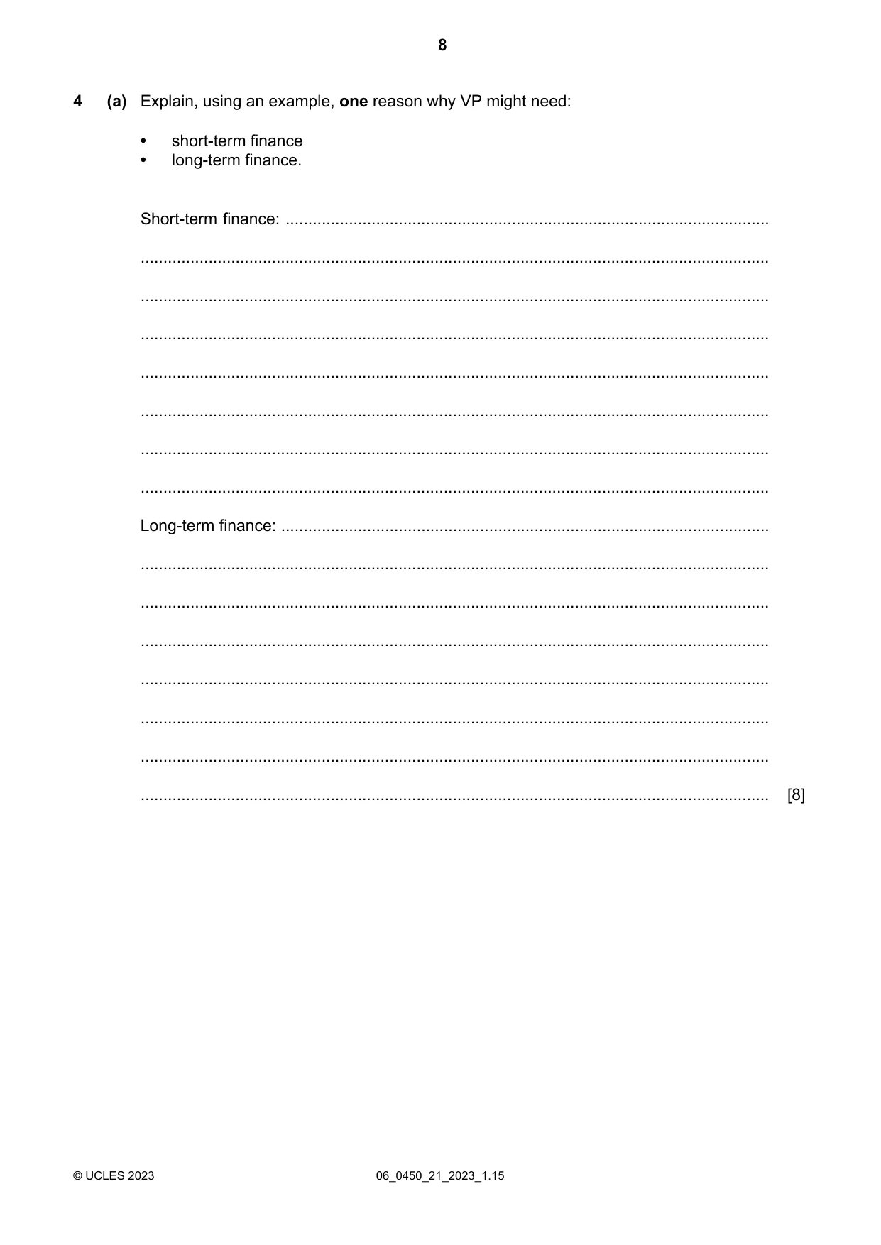 Cambridge IGCSE Business Studies 0450 2023 May/June Paper 2 · Variant 1 question paper, page 8 of 12