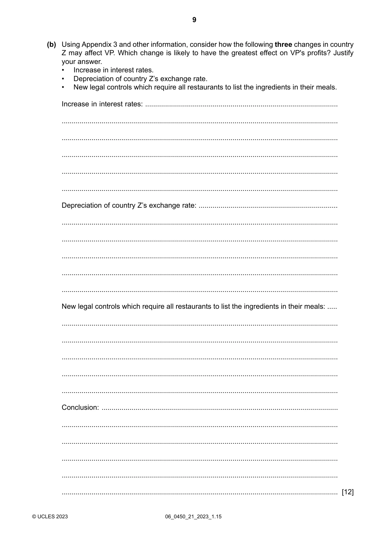 Cambridge IGCSE Business Studies 0450 2023 May/June Paper 2 · Variant 1 question paper, page 9 of 12