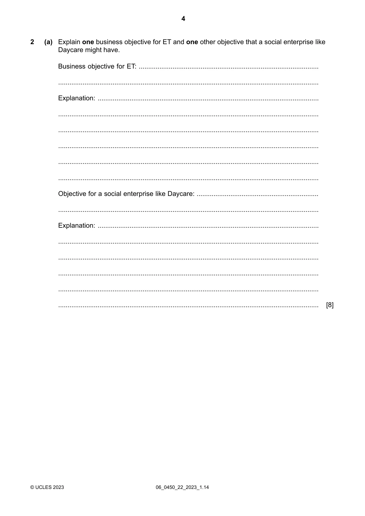 Cambridge IGCSE Business Studies 0450 2023 May/June Paper 2 · Variant 2 question paper, page 4 of 12