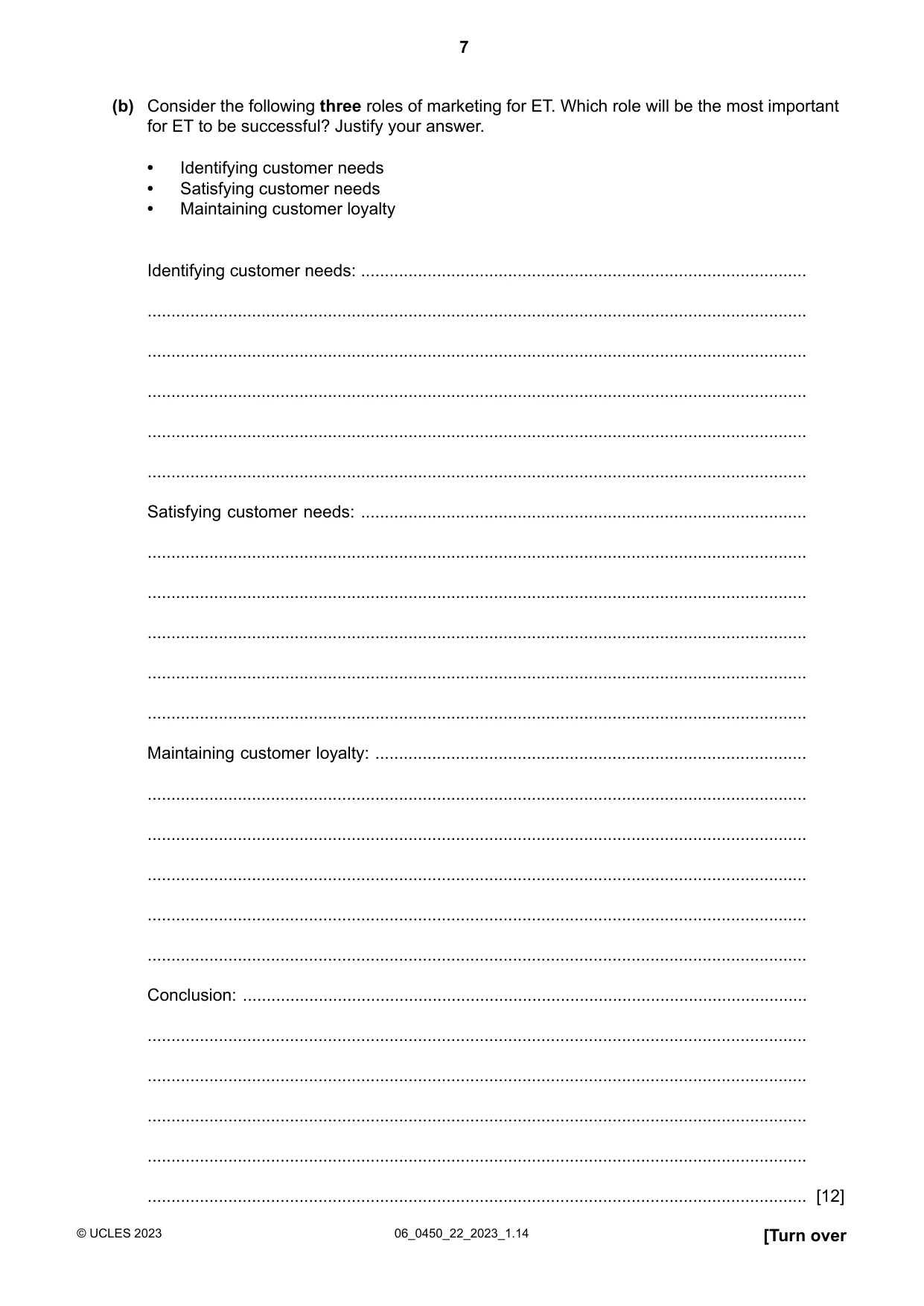 Cambridge IGCSE Business Studies 0450 2023 May/June Paper 2 · Variant 2 question paper, page 7 of 12