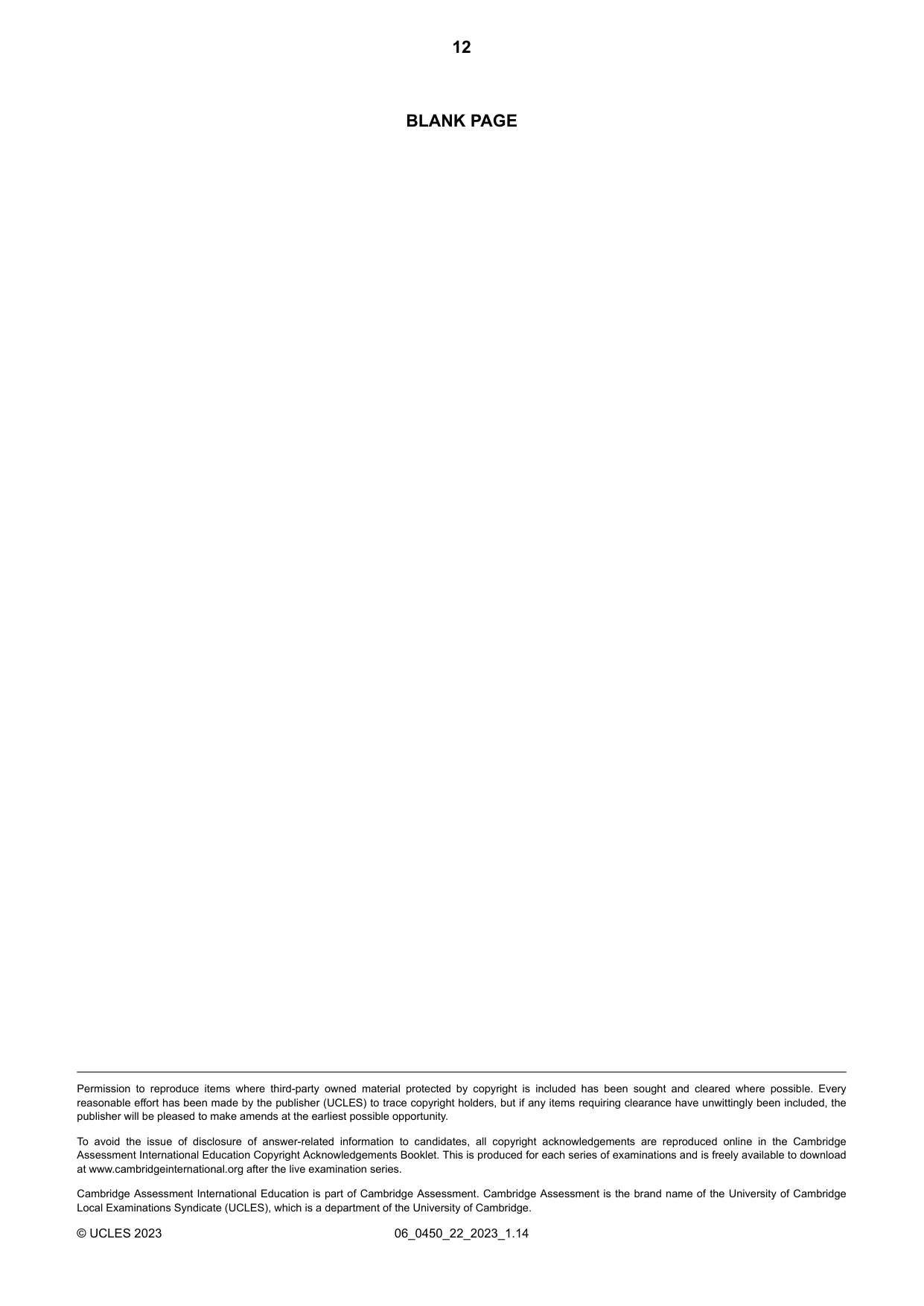 Cambridge IGCSE Business Studies 0450 2023 May/June Paper 2 · Variant 2 question paper, page 12 of 12