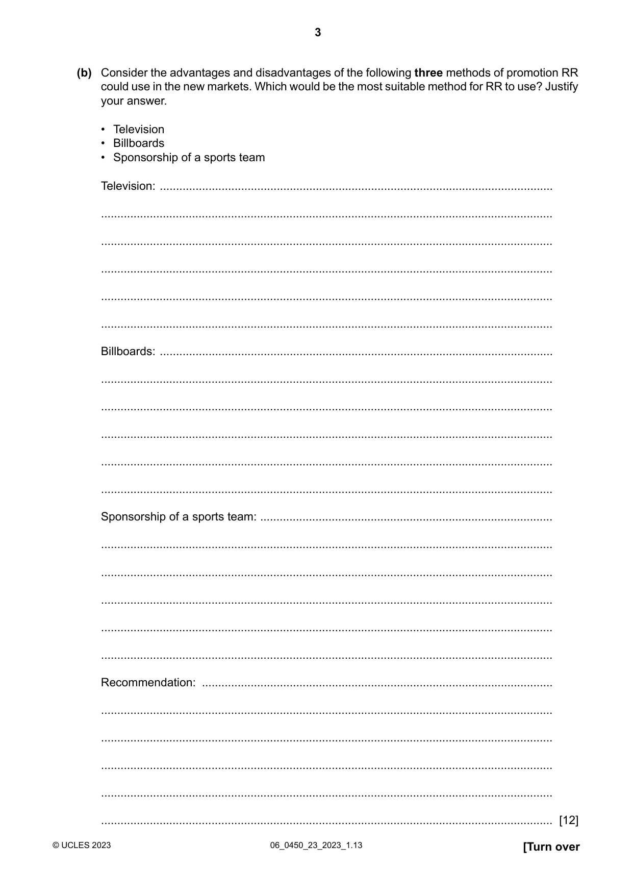 Cambridge IGCSE Business Studies 0450 2023 May/June Paper 2 · Variant 3 question paper, page 3 of 12