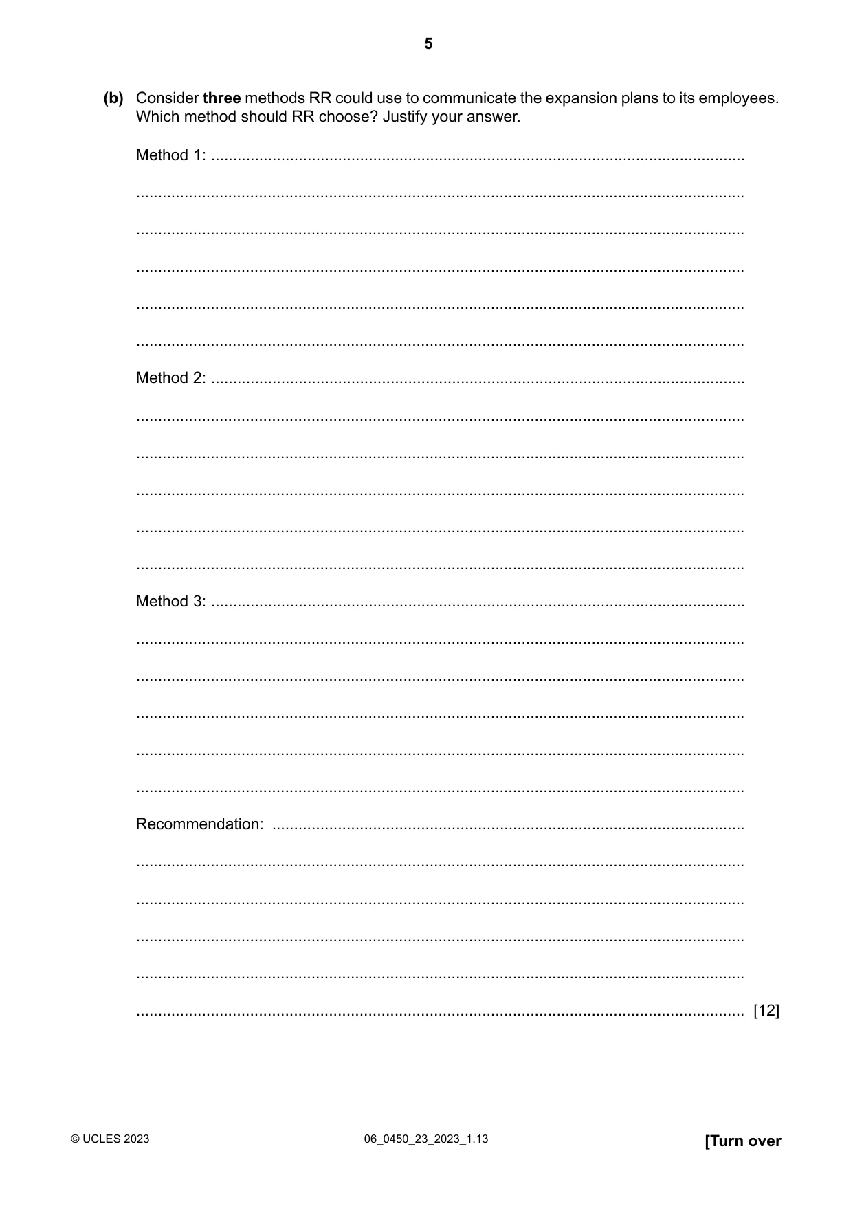 Cambridge IGCSE Business Studies 0450 2023 May/June Paper 2 · Variant 3 question paper, page 5 of 12