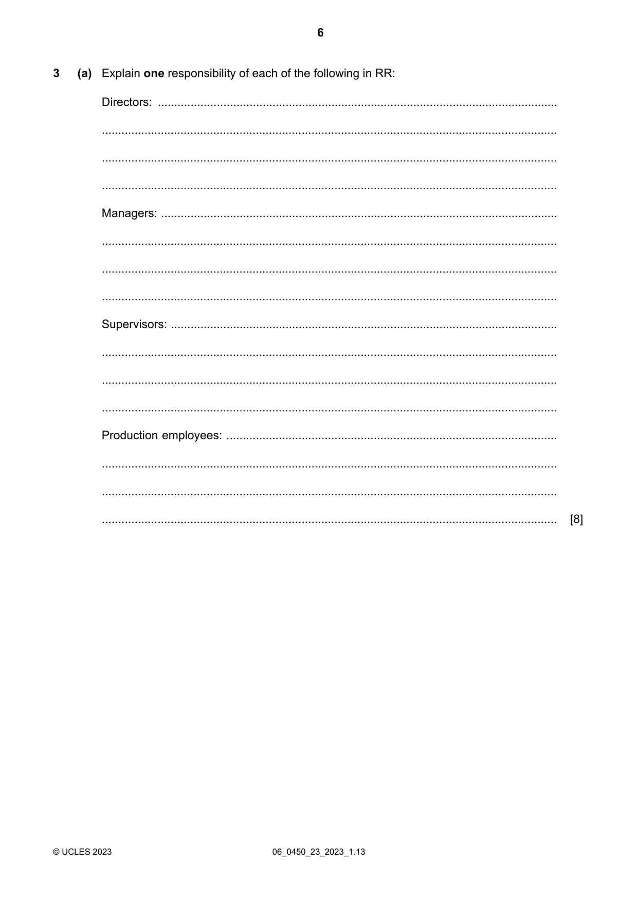 Cambridge IGCSE Business Studies 0450 2023 May/June Paper 2 · Variant 3 question paper, page 6 of 12