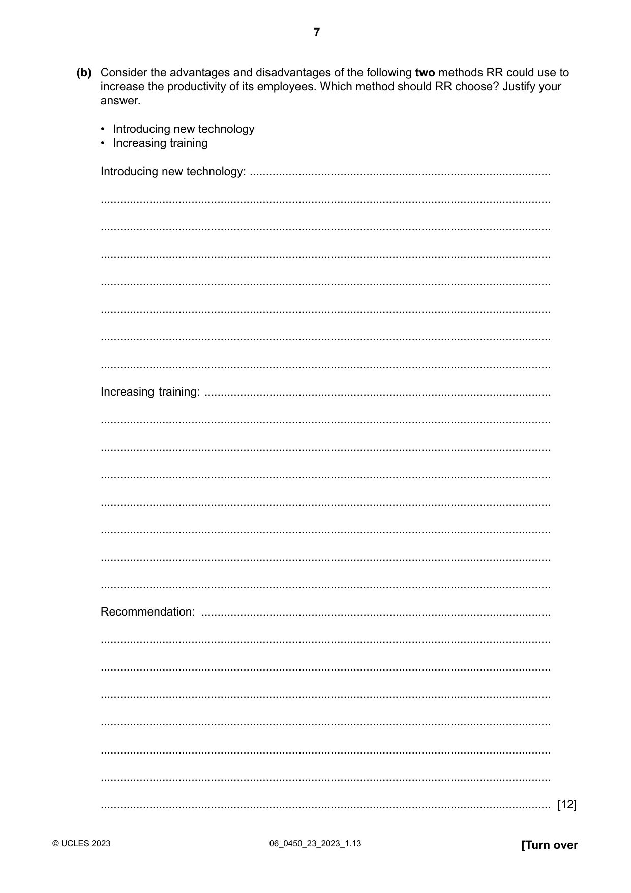 Cambridge IGCSE Business Studies 0450 2023 May/June Paper 2 · Variant 3 question paper, page 7 of 12
