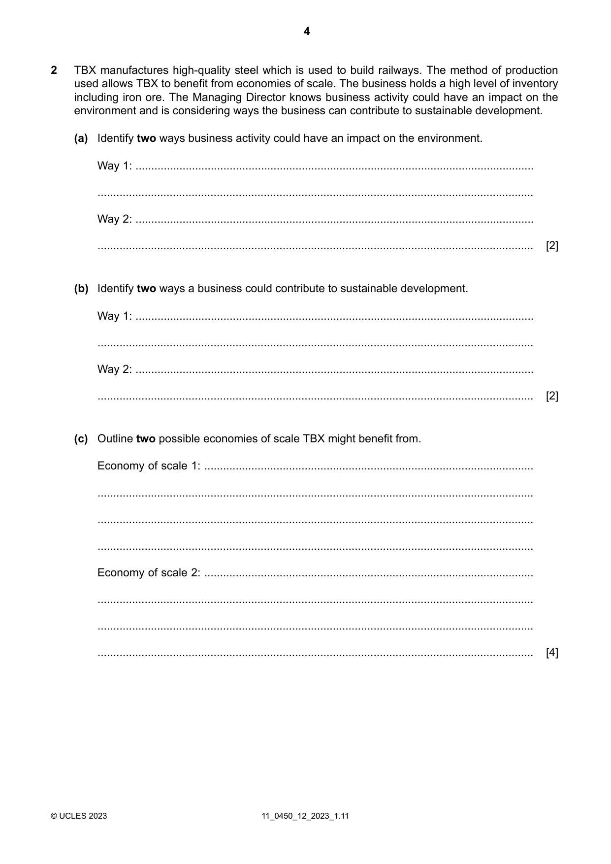 Cambridge IGCSE Business Studies 0450 2023 Oct/Nov Paper 1 · Variant 2 question paper, page 4 of 12