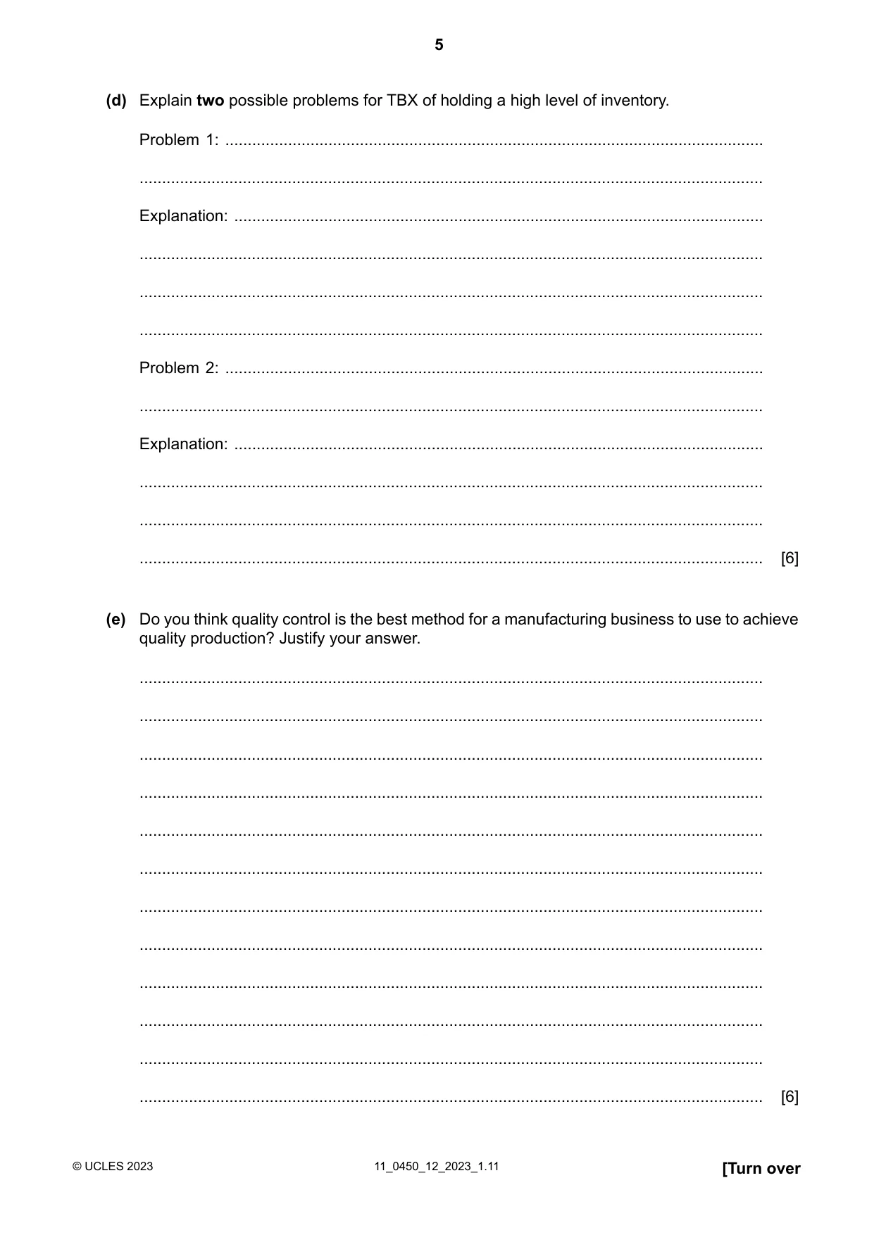 Cambridge IGCSE Business Studies 0450 2023 Oct/Nov Paper 1 · Variant 2 question paper, page 5 of 12