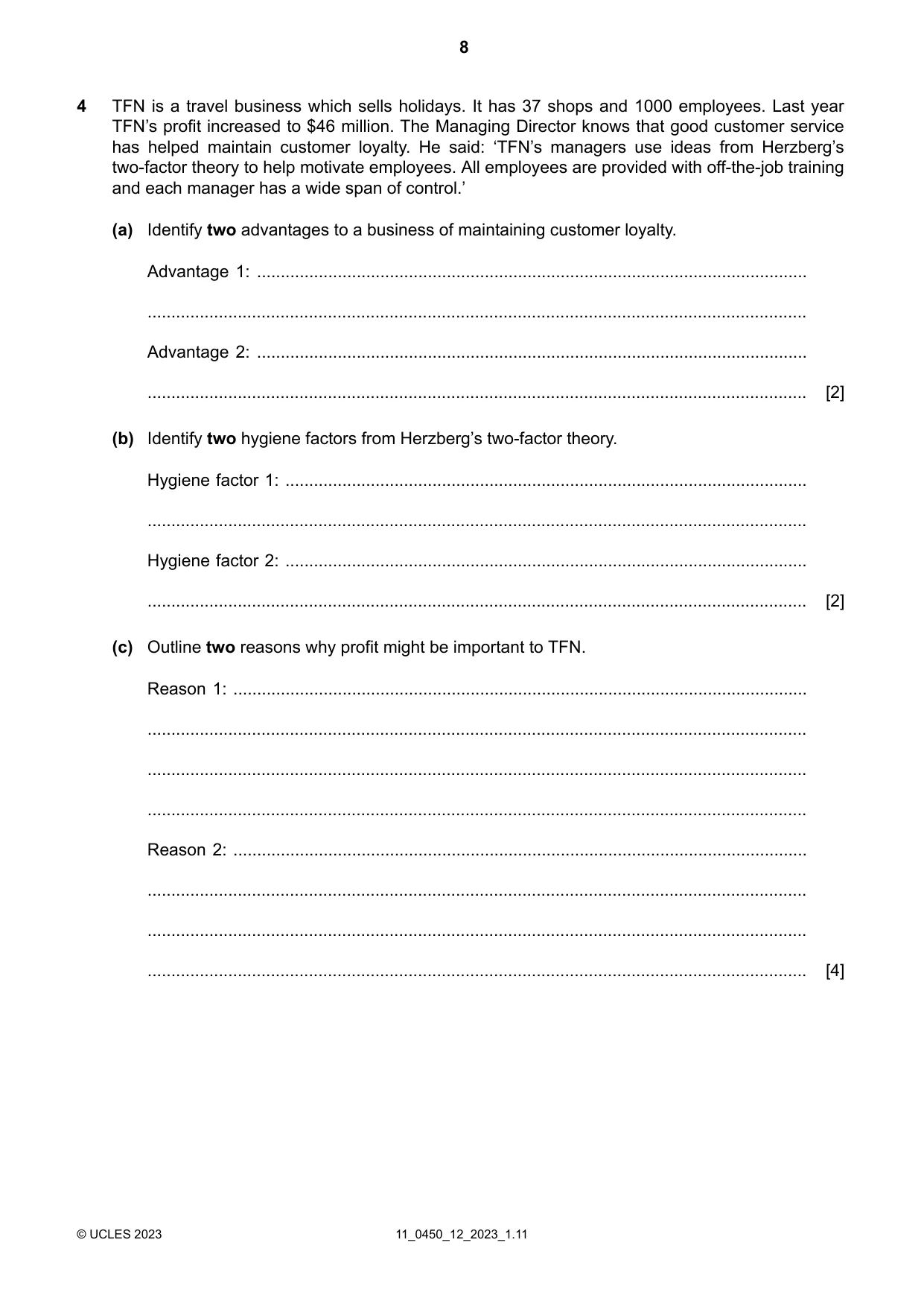 Cambridge IGCSE Business Studies 0450 2023 Oct/Nov Paper 1 · Variant 2 question paper, page 8 of 12