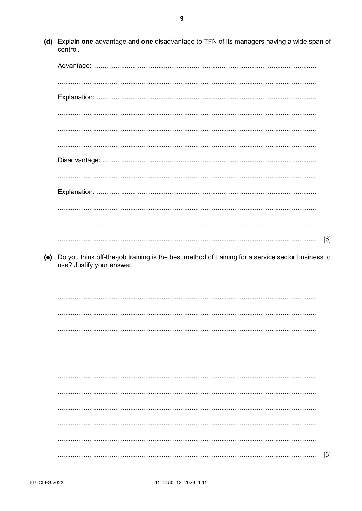 Cambridge IGCSE Business Studies 0450 2023 Oct/Nov Paper 1 · Variant 2 question paper, page 9 of 12