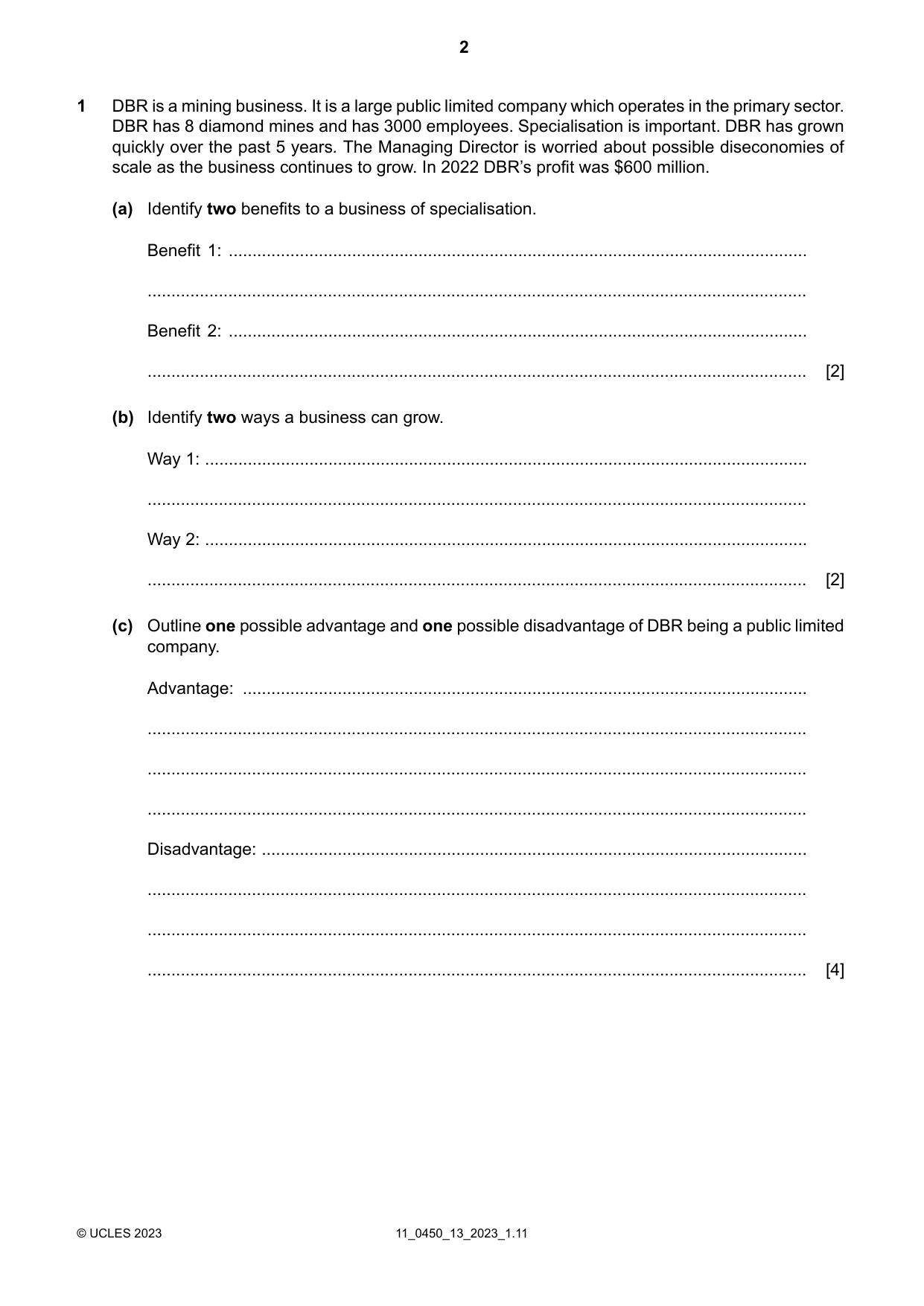 Cambridge IGCSE Business Studies 0450 2023 Oct/Nov Paper 1 · Variant 3 question paper, page 2 of 12