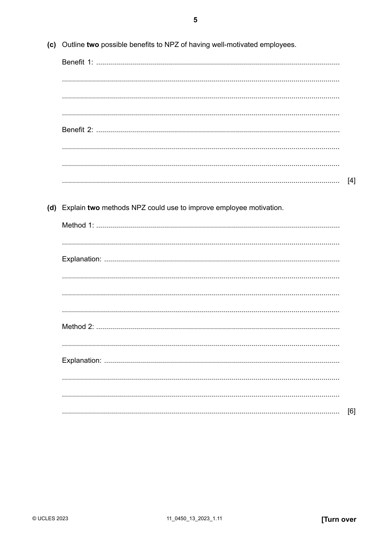 Cambridge IGCSE Business Studies 0450 2023 Oct/Nov Paper 1 · Variant 3 question paper, page 5 of 12