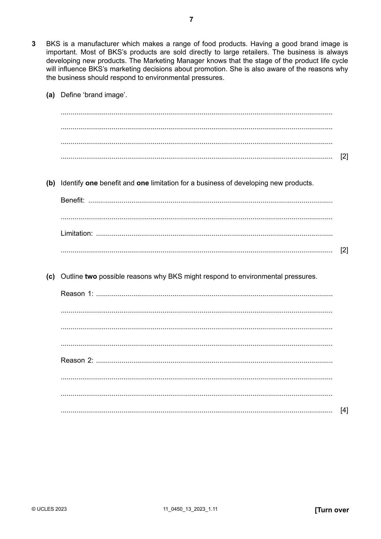 Cambridge IGCSE Business Studies 0450 2023 Oct/Nov Paper 1 · Variant 3 question paper, page 7 of 12