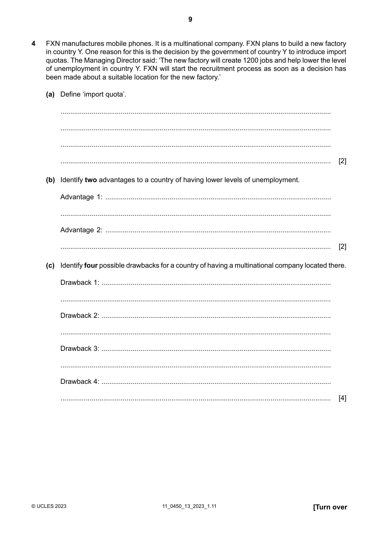 Cambridge IGCSE Business Studies 0450 2023 Oct/Nov Paper 1 · Variant 3 question paper, page 9 of 12