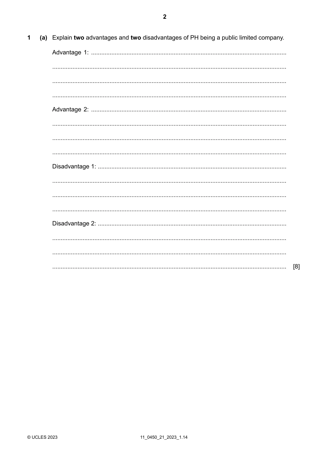 Cambridge IGCSE Business Studies 0450 2023 Oct/Nov Paper 2 · Variant 1 question paper, page 2 of 12
