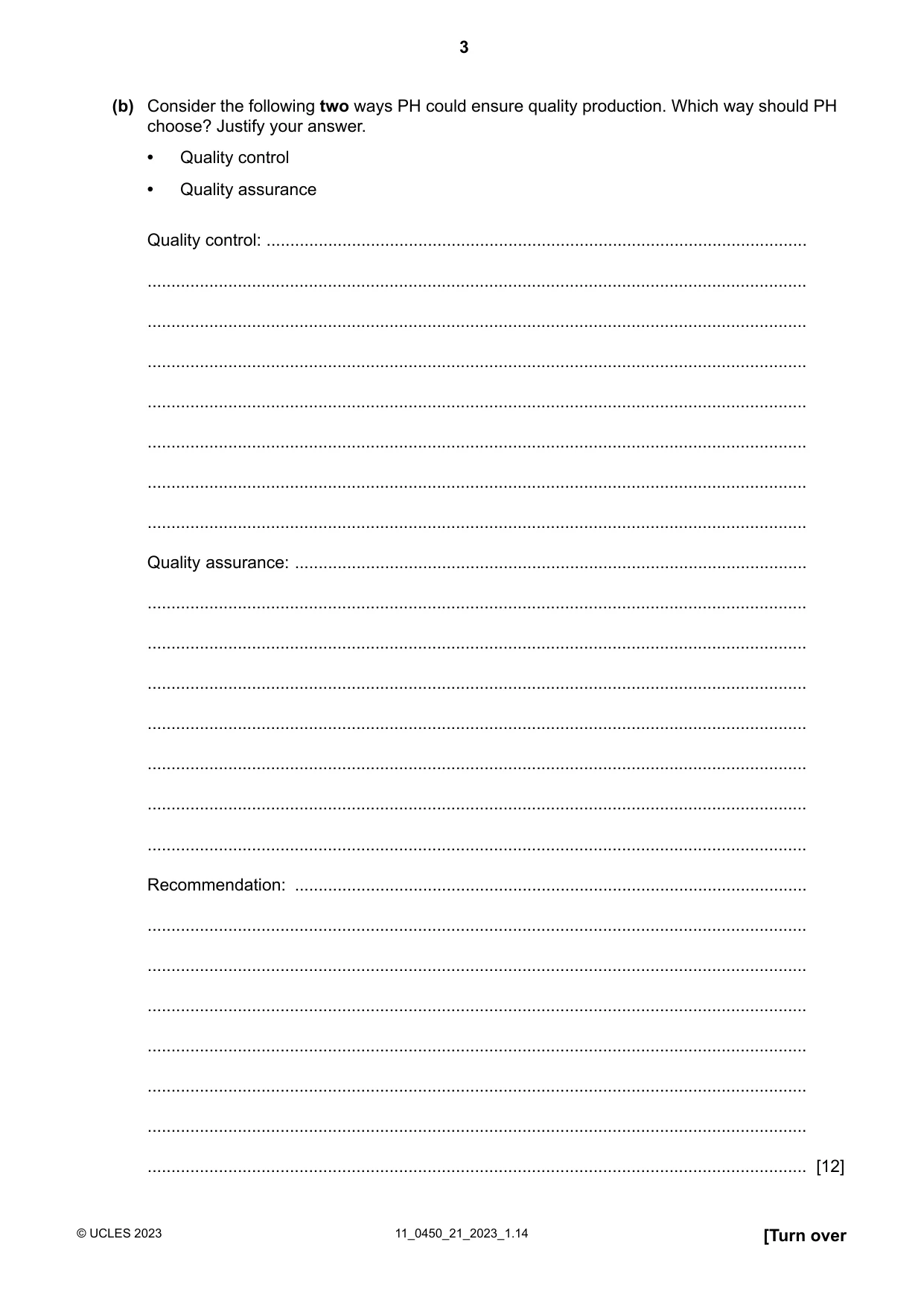 Cambridge IGCSE Business Studies 0450 2023 Oct/Nov Paper 2 · Variant 1 question paper, page 3 of 12