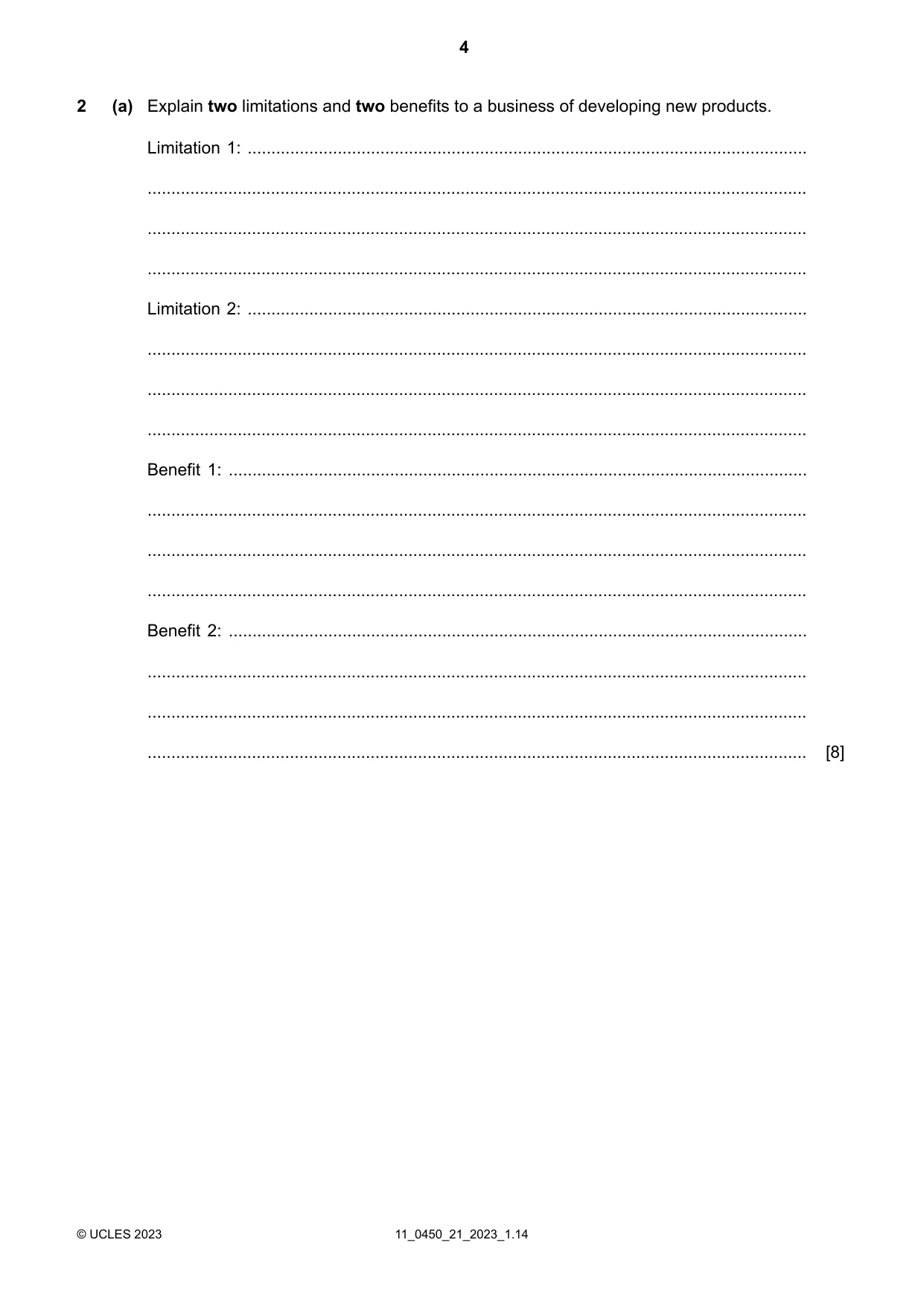 Cambridge IGCSE Business Studies 0450 2023 Oct/Nov Paper 2 · Variant 1 question paper, page 4 of 12
