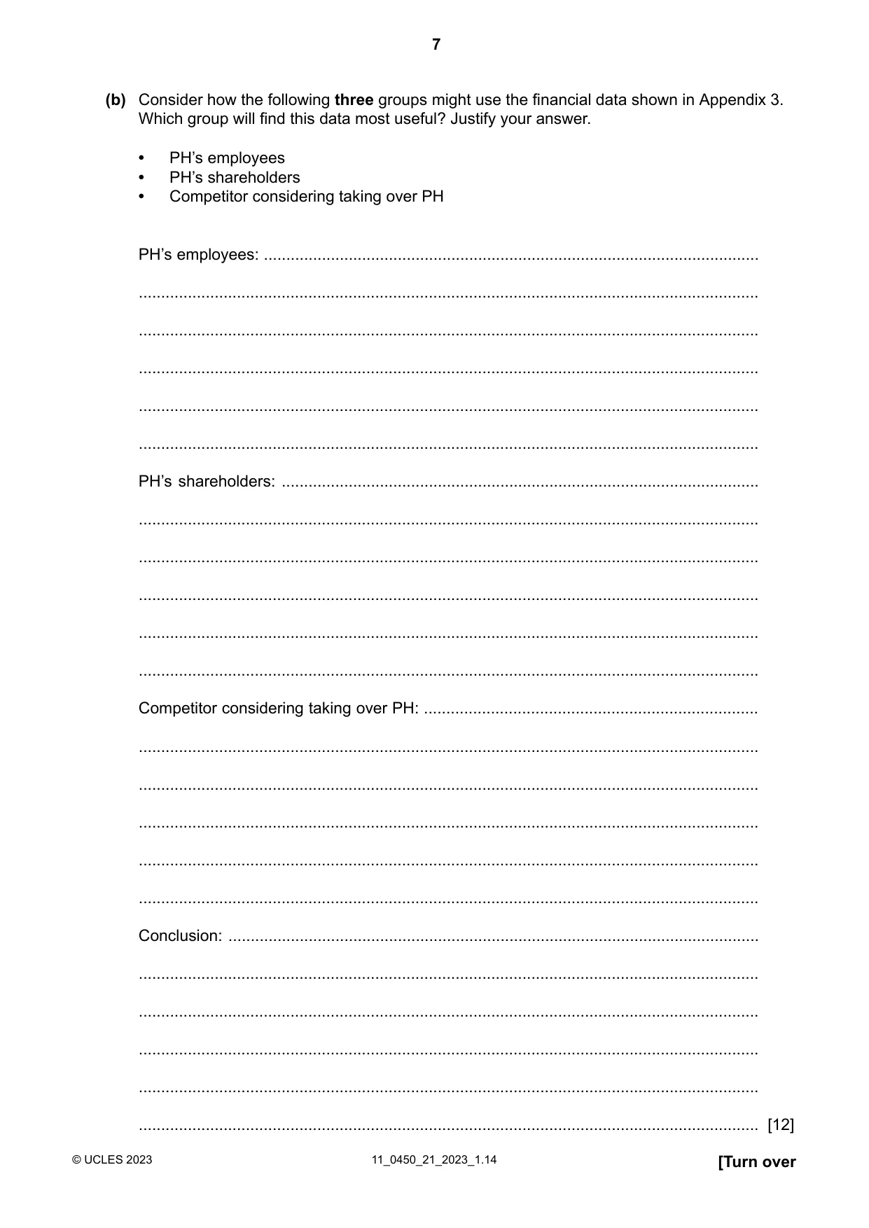 Cambridge IGCSE Business Studies 0450 2023 Oct/Nov Paper 2 · Variant 1 question paper, page 7 of 12