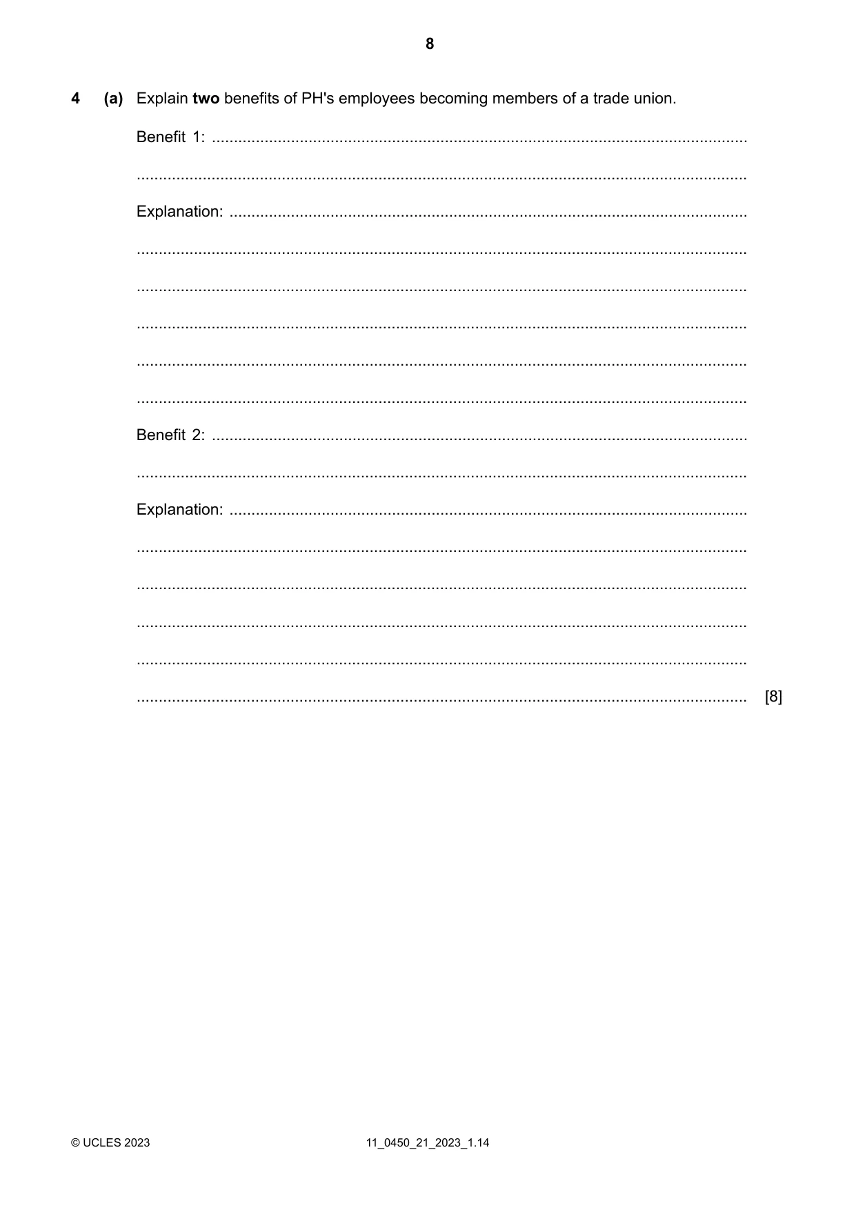 Cambridge IGCSE Business Studies 0450 2023 Oct/Nov Paper 2 · Variant 1 question paper, page 8 of 12