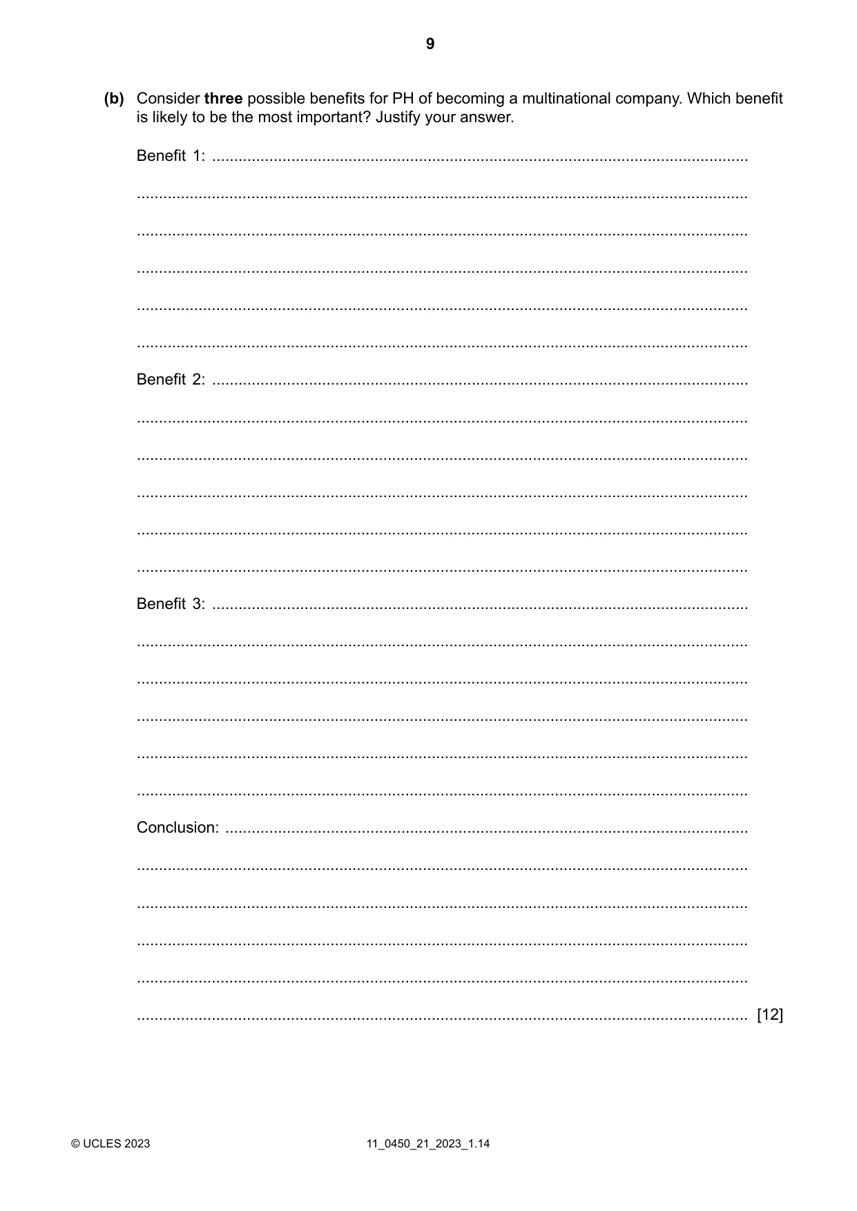 Cambridge IGCSE Business Studies 0450 2023 Oct/Nov Paper 2 · Variant 1 question paper, page 9 of 12