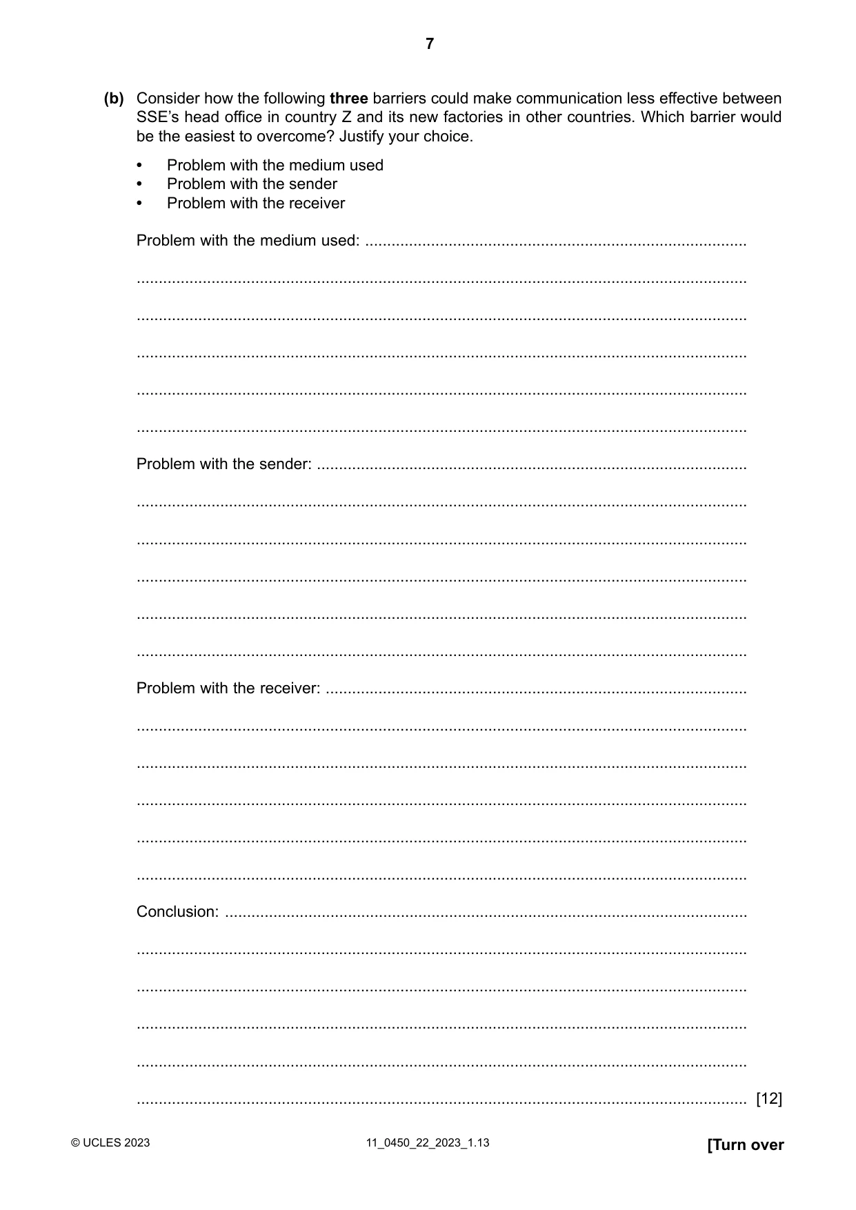 Cambridge IGCSE Business Studies 0450 2023 Oct/Nov Paper 2 · Variant 2 question paper, page 7 of 12