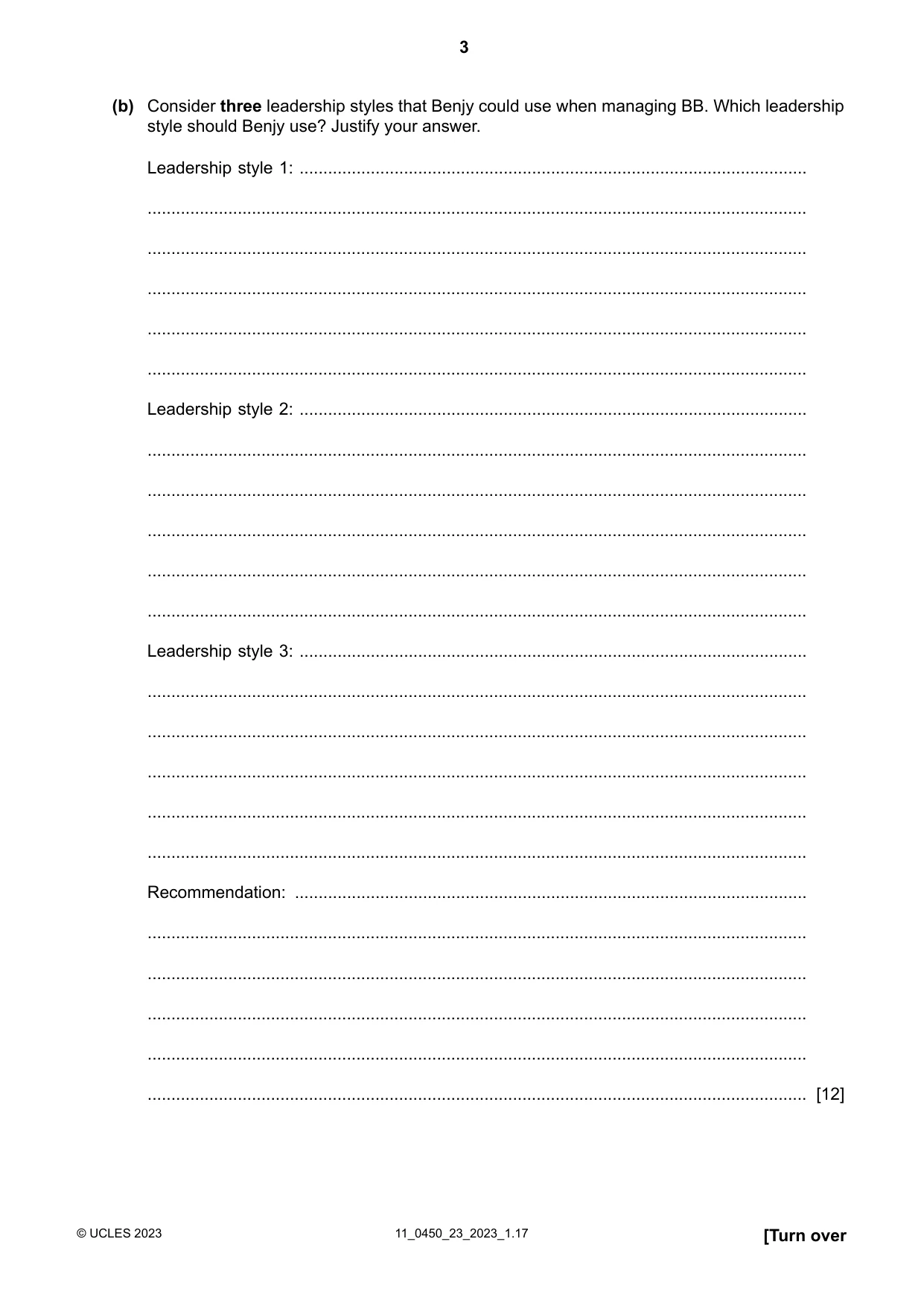 Cambridge IGCSE Business Studies 0450 2023 Oct/Nov Paper 2 · Variant 3 question paper, page 3 of 12