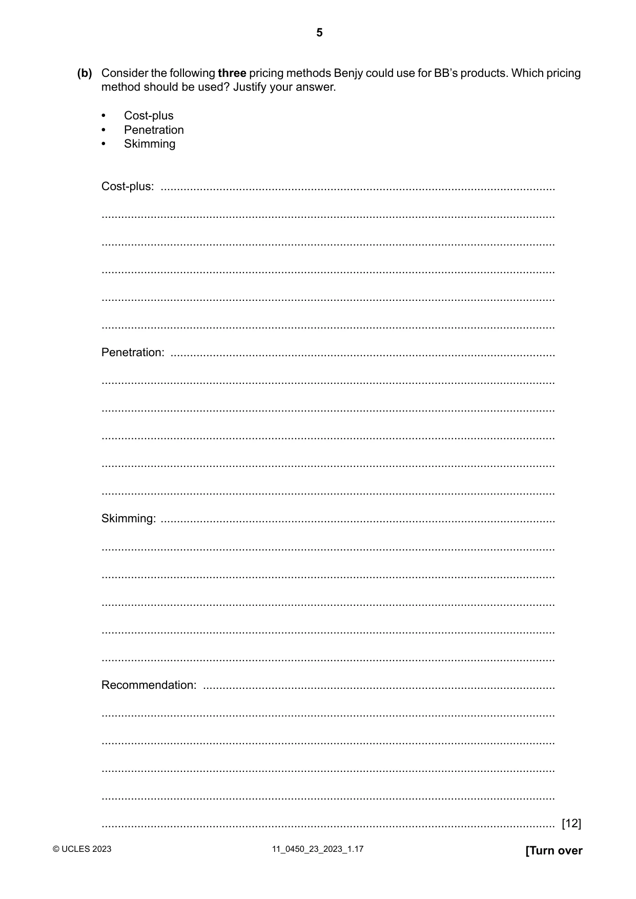 Cambridge IGCSE Business Studies 0450 2023 Oct/Nov Paper 2 · Variant 3 question paper, page 5 of 12