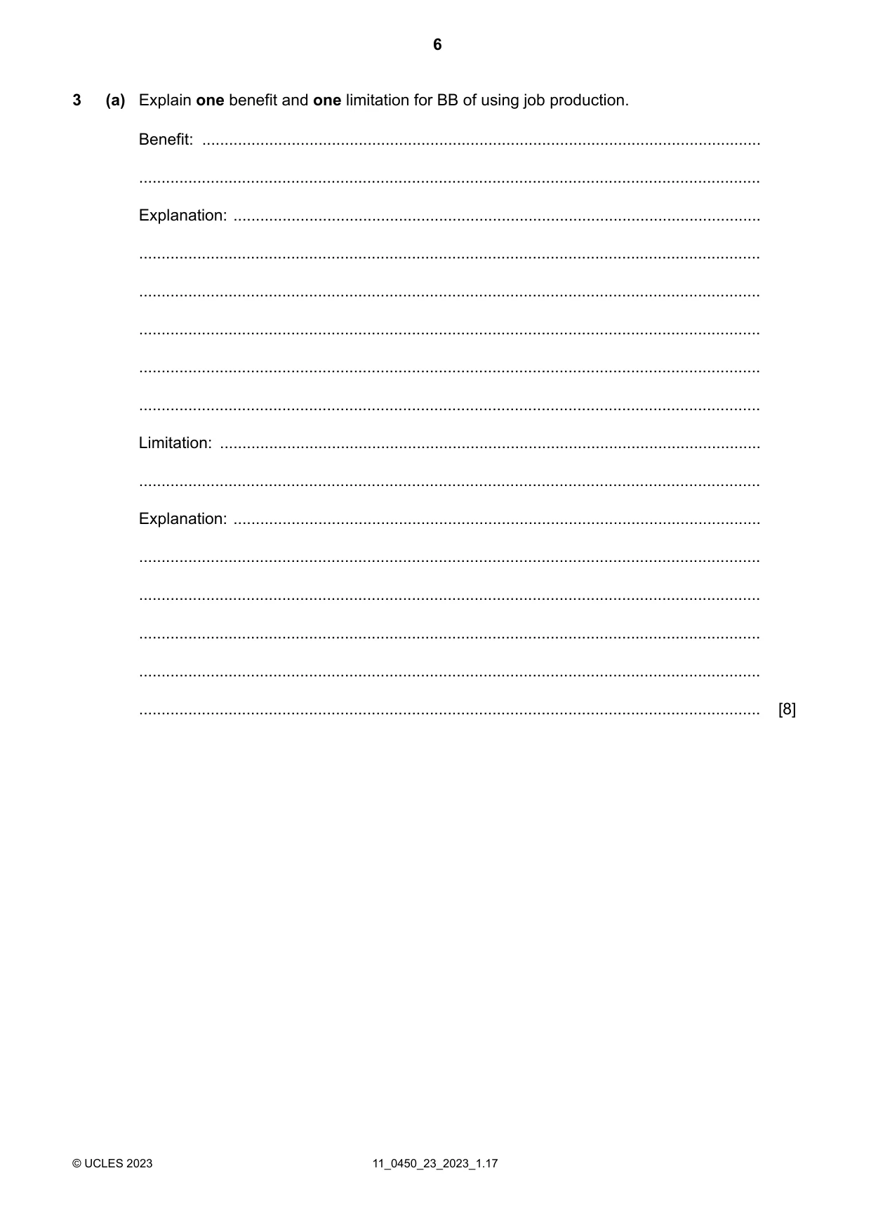 Cambridge IGCSE Business Studies 0450 2023 Oct/Nov Paper 2 · Variant 3 question paper, page 6 of 12