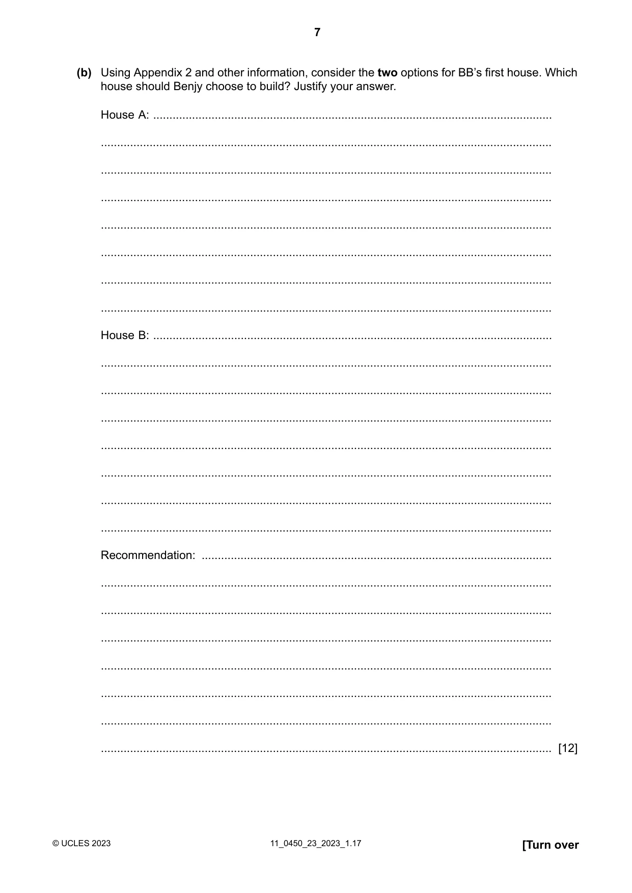 Cambridge IGCSE Business Studies 0450 2023 Oct/Nov Paper 2 · Variant 3 question paper, page 7 of 12