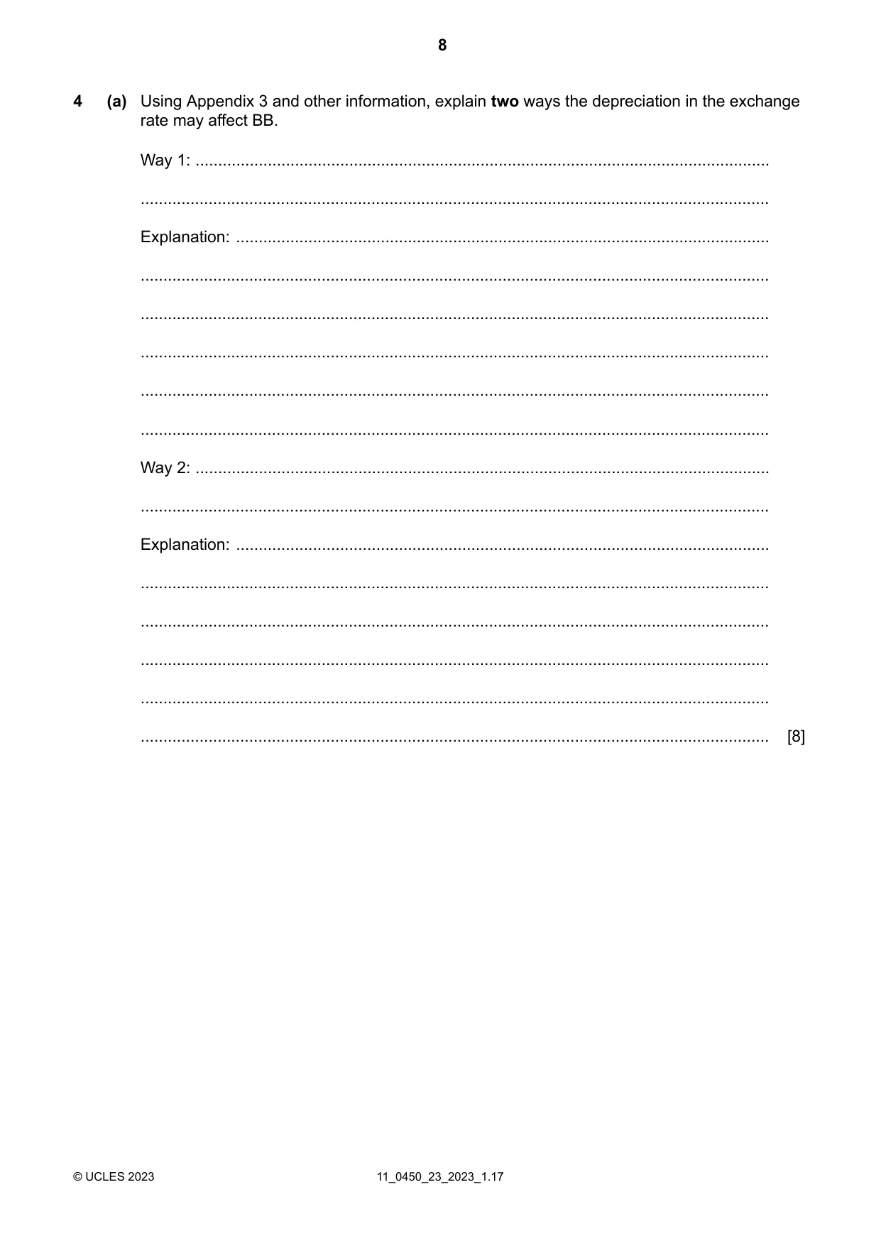 Cambridge IGCSE Business Studies 0450 2023 Oct/Nov Paper 2 · Variant 3 question paper, page 8 of 12