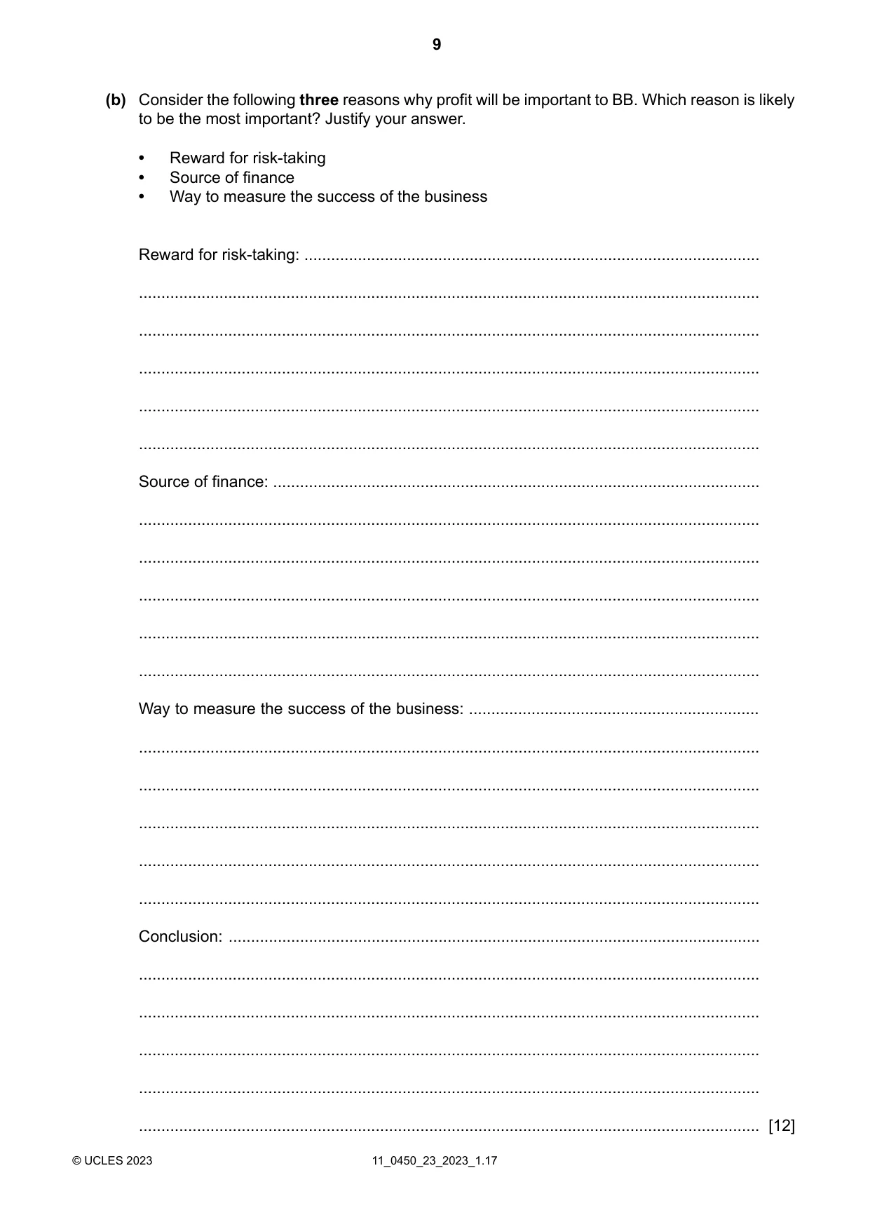 Cambridge IGCSE Business Studies 0450 2023 Oct/Nov Paper 2 · Variant 3 question paper, page 9 of 12