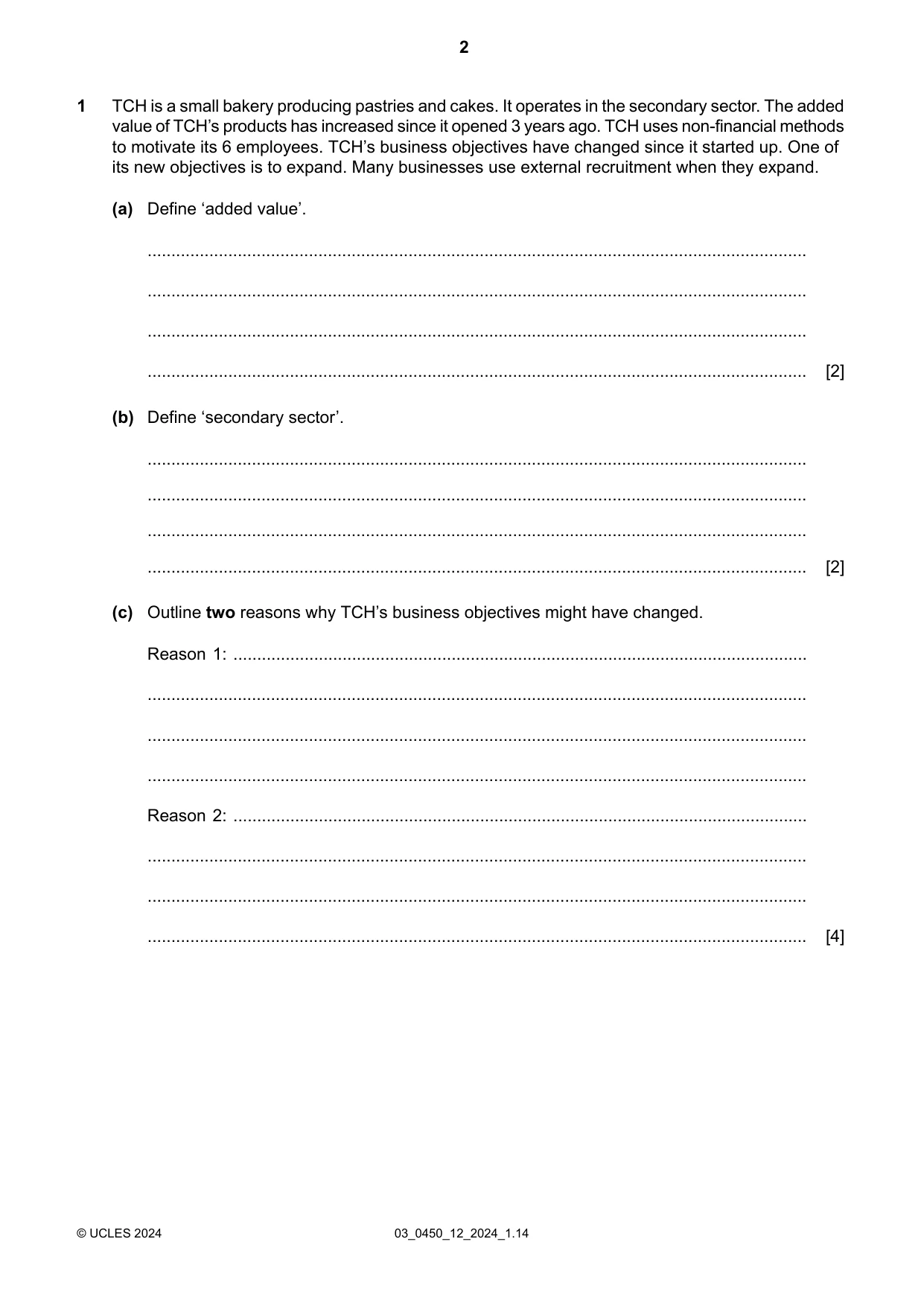 Cambridge IGCSE Business Studies 0450 2024 Feb/March Paper 1 · Variant 2 question paper, page 2 of 12