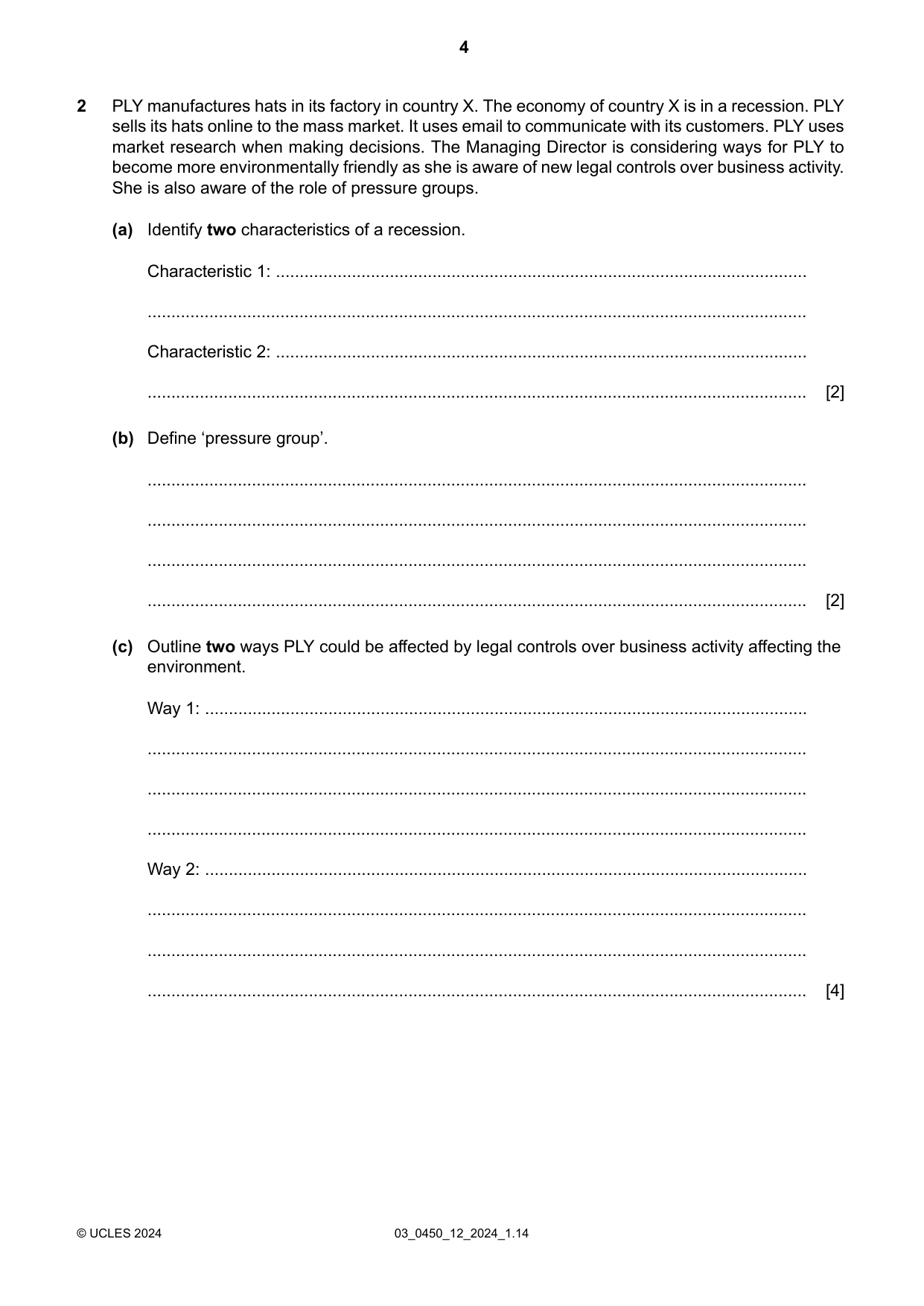 Cambridge IGCSE Business Studies 0450 2024 Feb/March Paper 1 · Variant 2 question paper, page 4 of 12