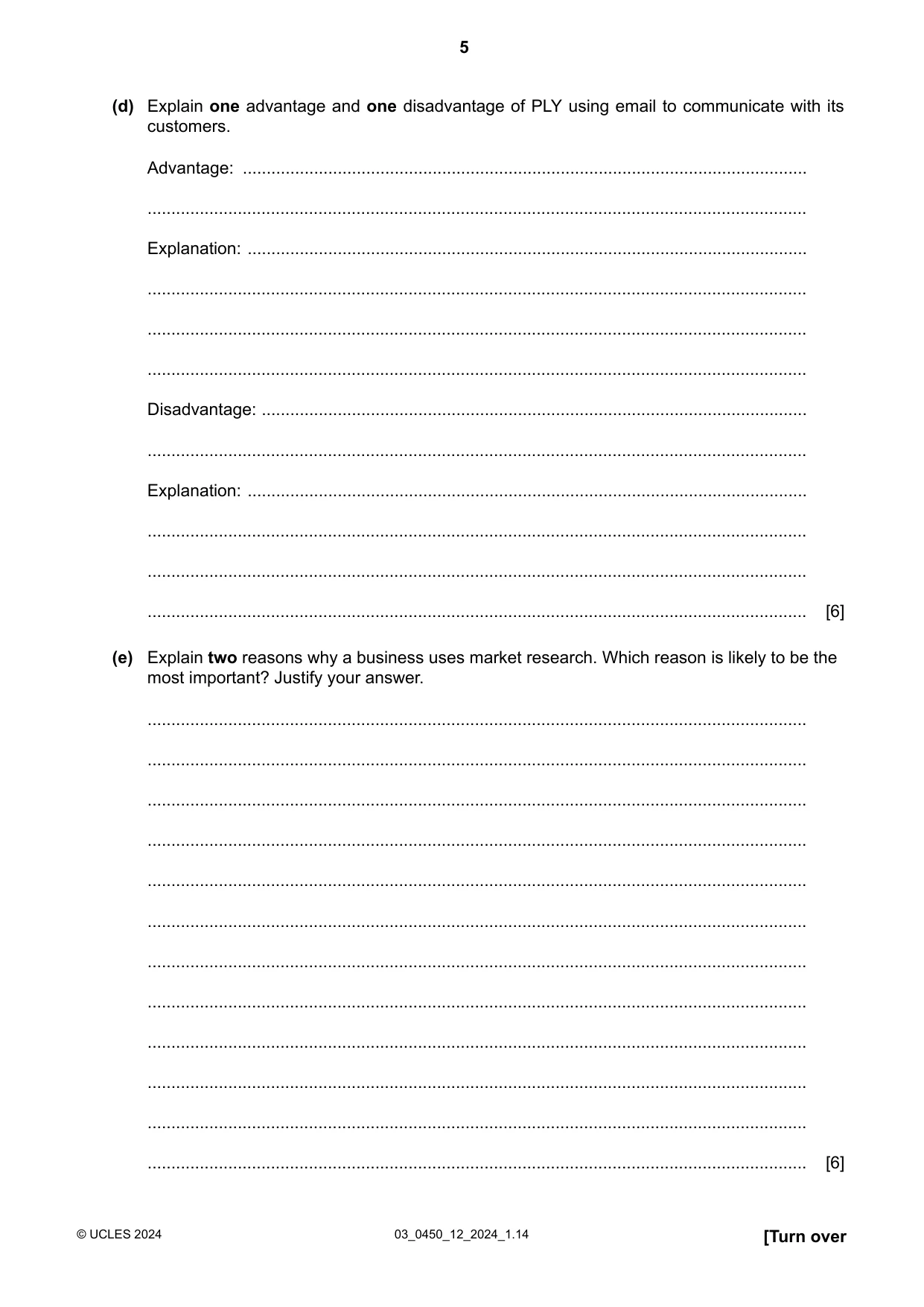 Cambridge IGCSE Business Studies 0450 2024 Feb/March Paper 1 · Variant 2 question paper, page 5 of 12
