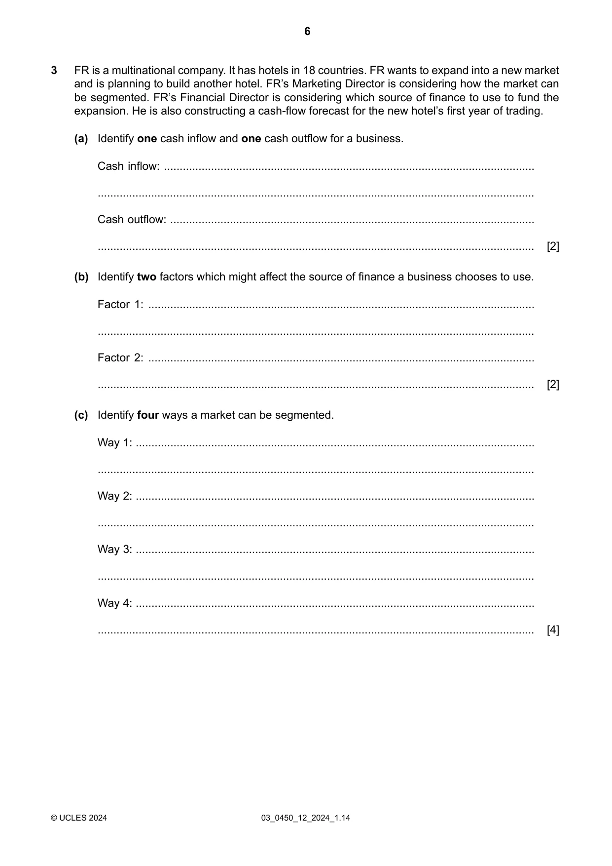 Cambridge IGCSE Business Studies 0450 2024 Feb/March Paper 1 · Variant 2 question paper, page 6 of 12