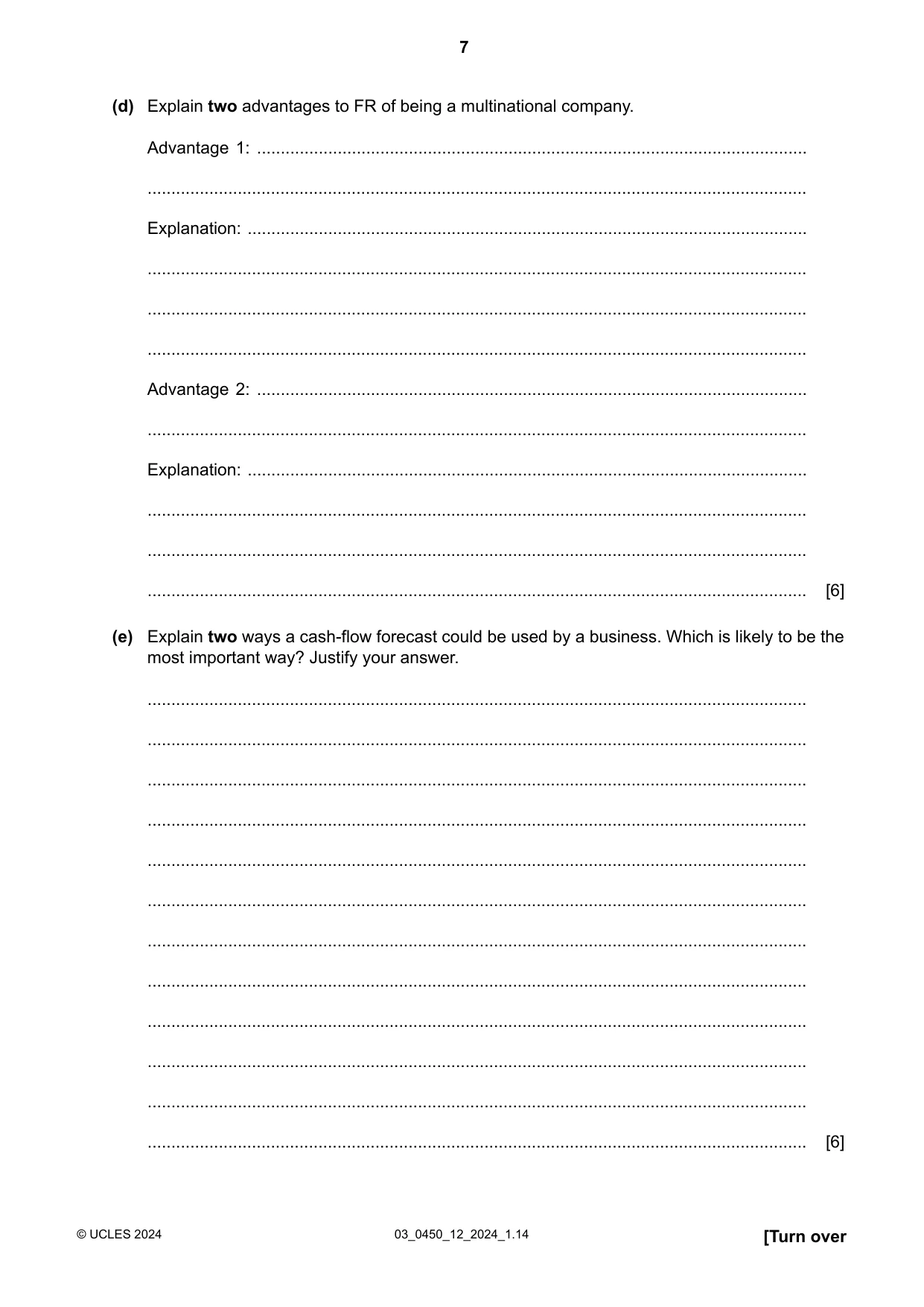 Cambridge IGCSE Business Studies 0450 2024 Feb/March Paper 1 · Variant 2 question paper, page 7 of 12
