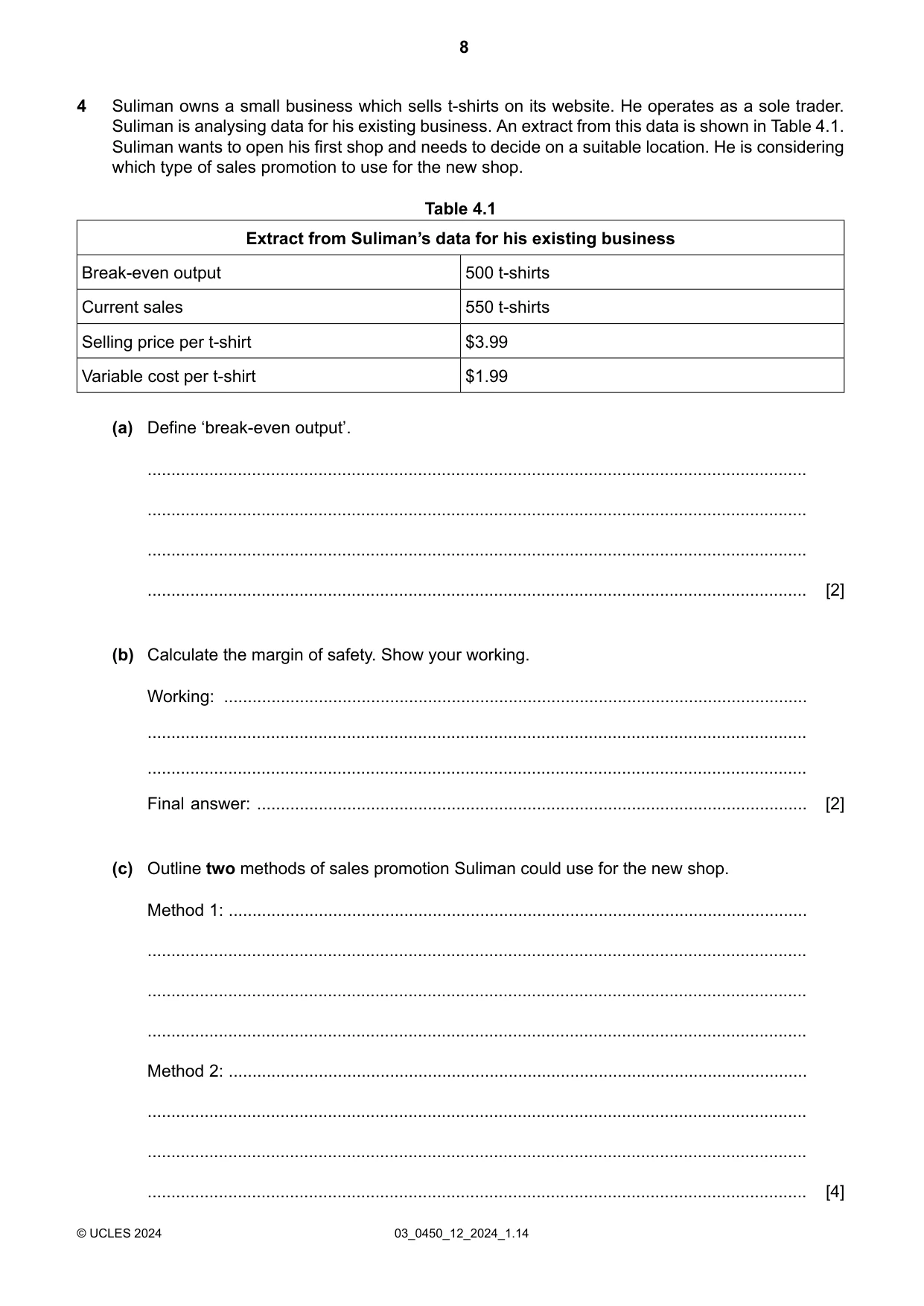 Cambridge IGCSE Business Studies 0450 2024 Feb/March Paper 1 · Variant 2 question paper, page 8 of 12