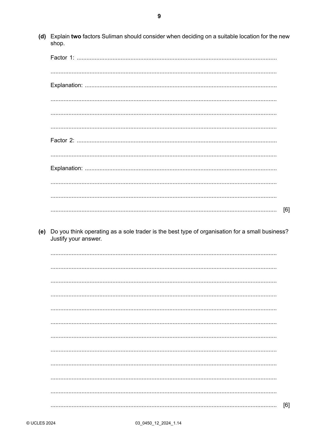 Cambridge IGCSE Business Studies 0450 2024 Feb/March Paper 1 · Variant 2 question paper, page 9 of 12