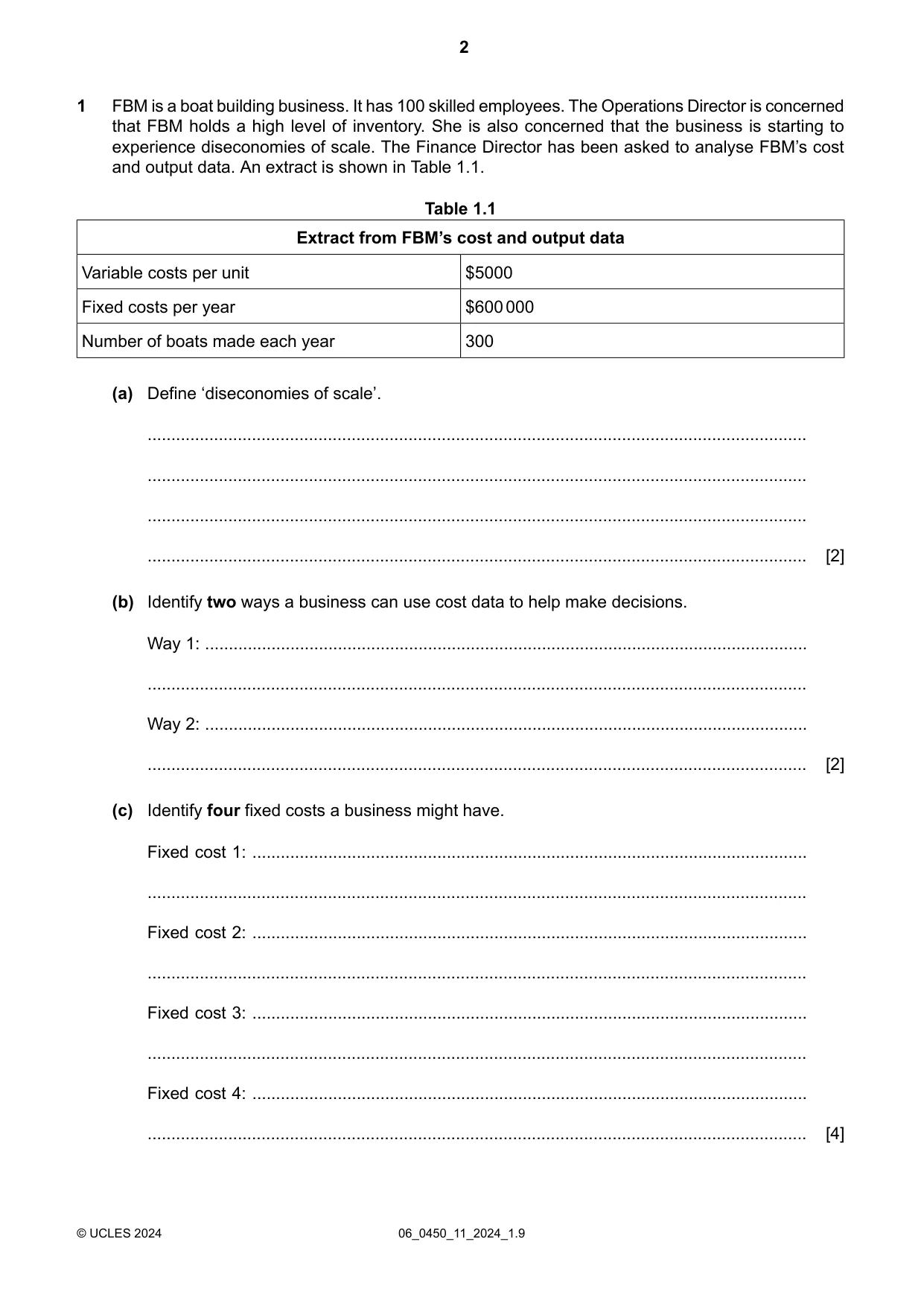 Cambridge IGCSE Business Studies 0450 2024 May/June Paper 1 · Variant 1 question paper, page 2 of 12