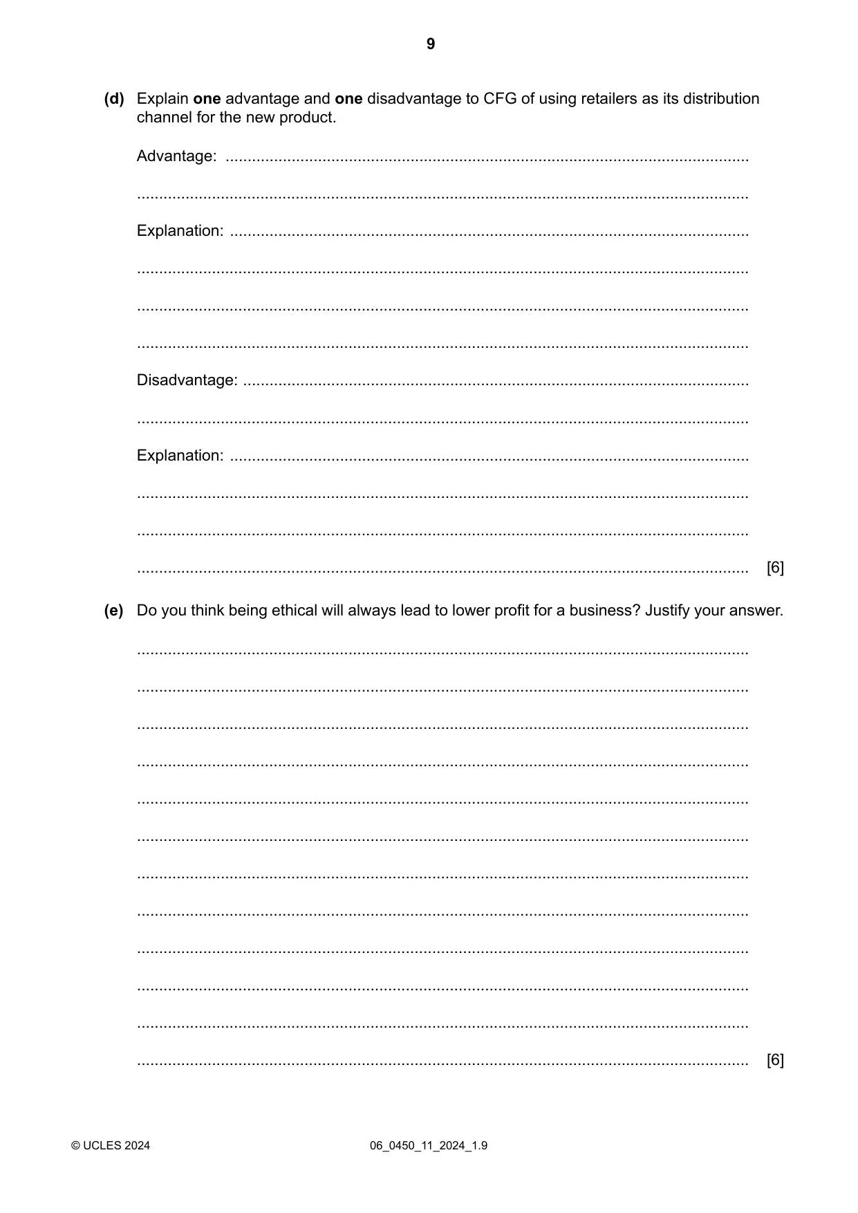 Cambridge IGCSE Business Studies 0450 2024 May/June Paper 1 · Variant 1 question paper, page 9 of 12
