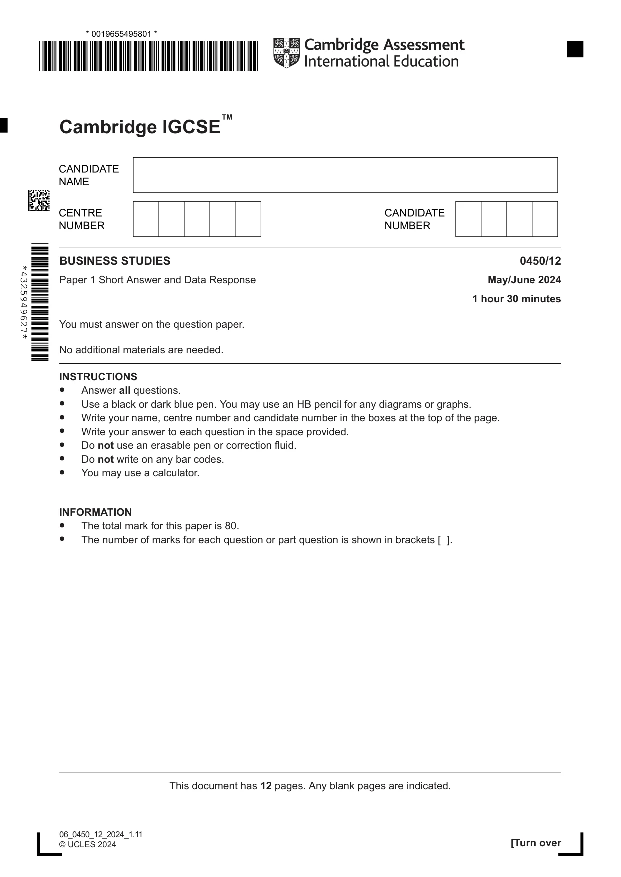 Cambridge IGCSE Business Studies 0450 2024 May/June Paper 1 · Variant 2 question paper, page 1 of 12