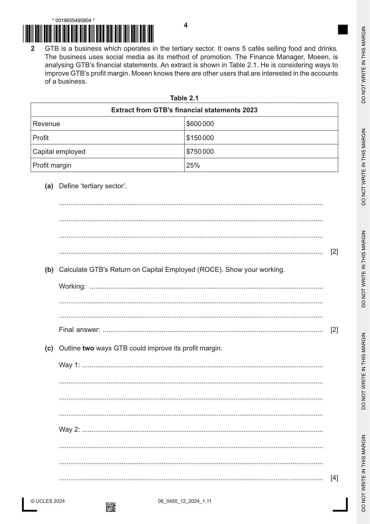 Cambridge IGCSE Business Studies 0450 2024 May/June Paper 1 · Variant 2 question paper, page 4 of 12