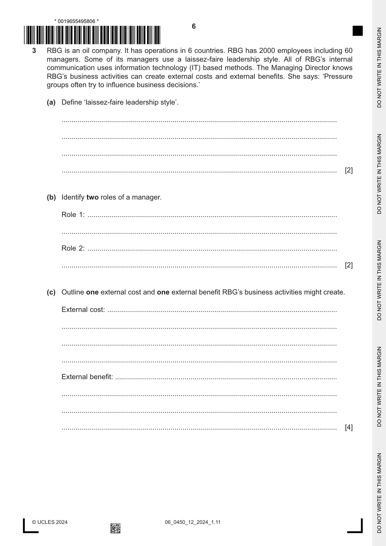 Cambridge IGCSE Business Studies 0450 2024 May/June Paper 1 · Variant 2 question paper, page 6 of 12