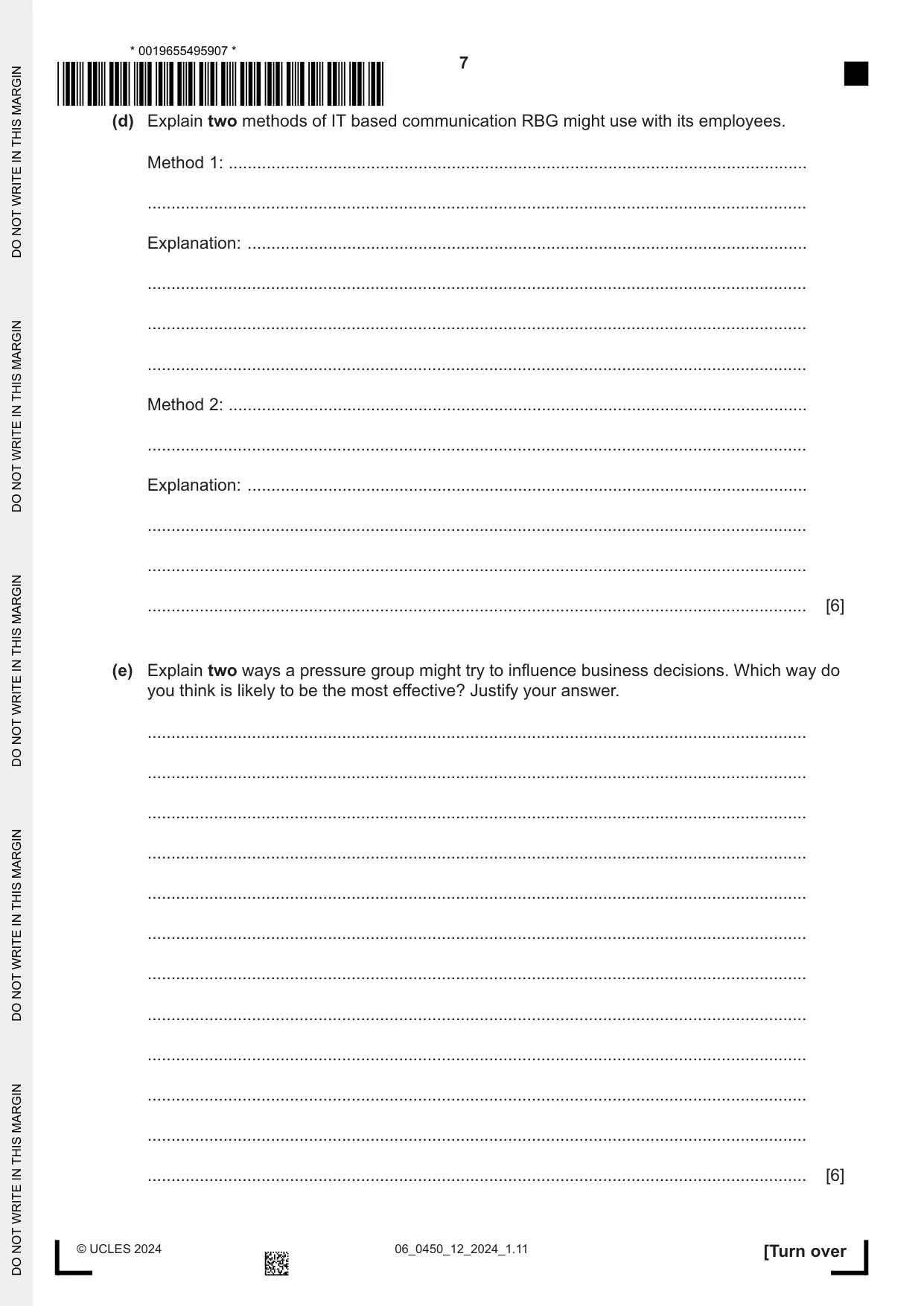 Cambridge IGCSE Business Studies 0450 2024 May/June Paper 1 · Variant 2 question paper, page 7 of 12