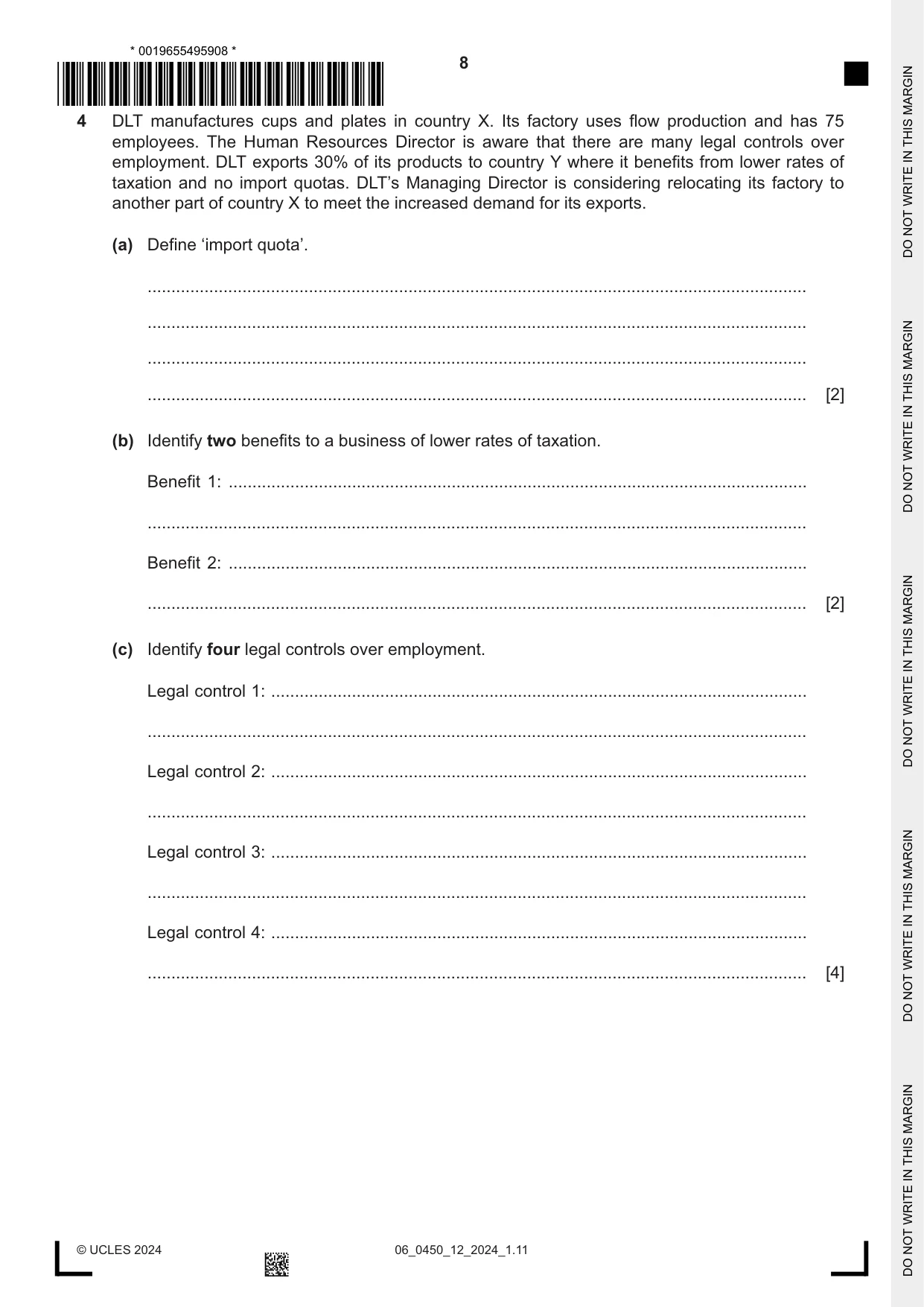 Cambridge IGCSE Business Studies 0450 2024 May/June Paper 1 · Variant 2 question paper, page 8 of 12
