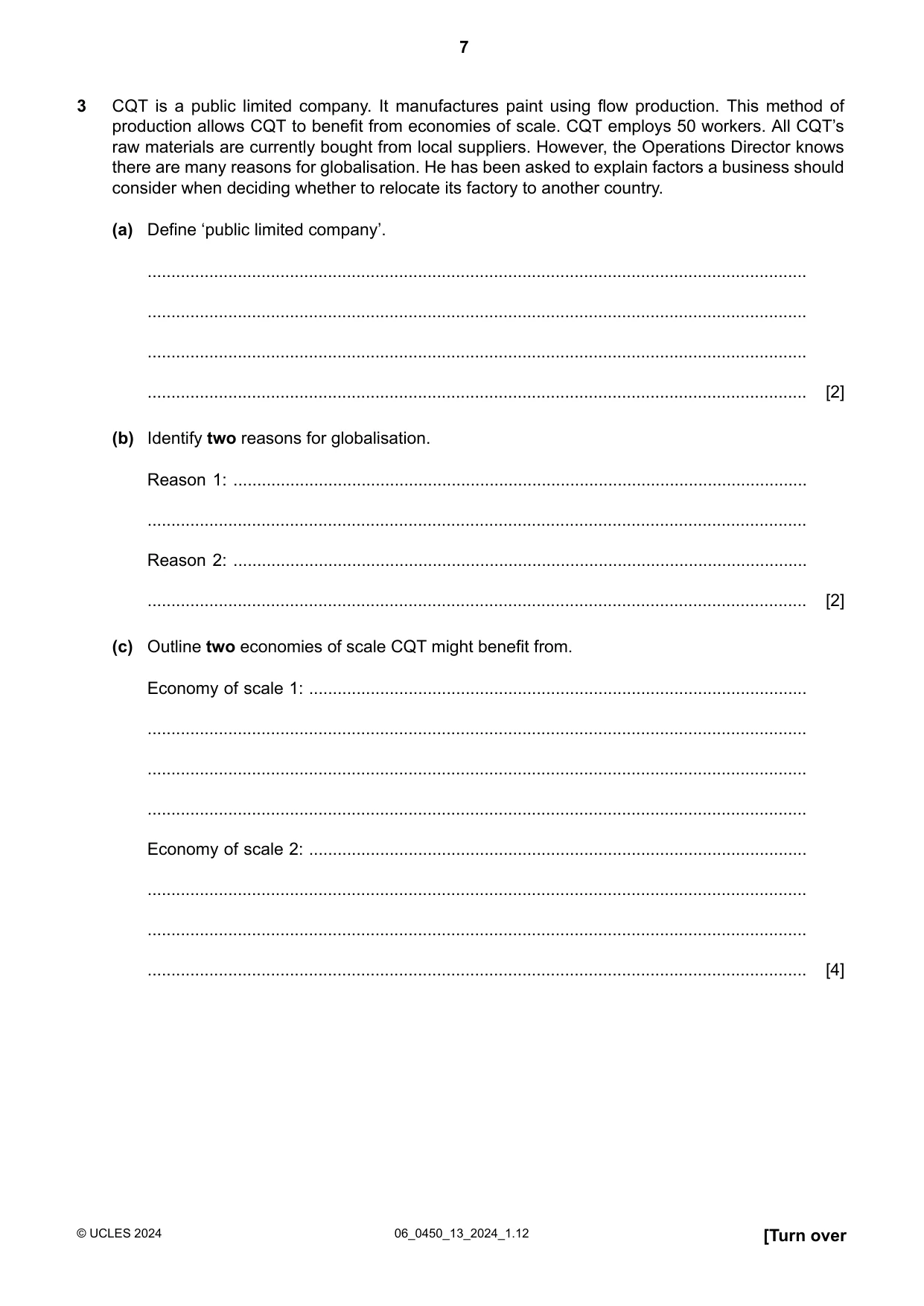 Cambridge IGCSE Business Studies 0450 2024 May/June Paper 1 · Variant 3 question paper, page 7 of 12