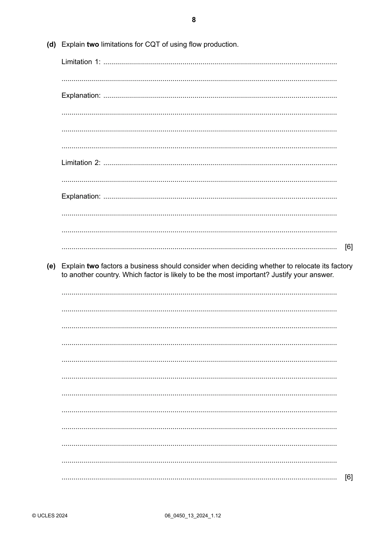 Cambridge IGCSE Business Studies 0450 2024 May/June Paper 1 · Variant 3 question paper, page 8 of 12