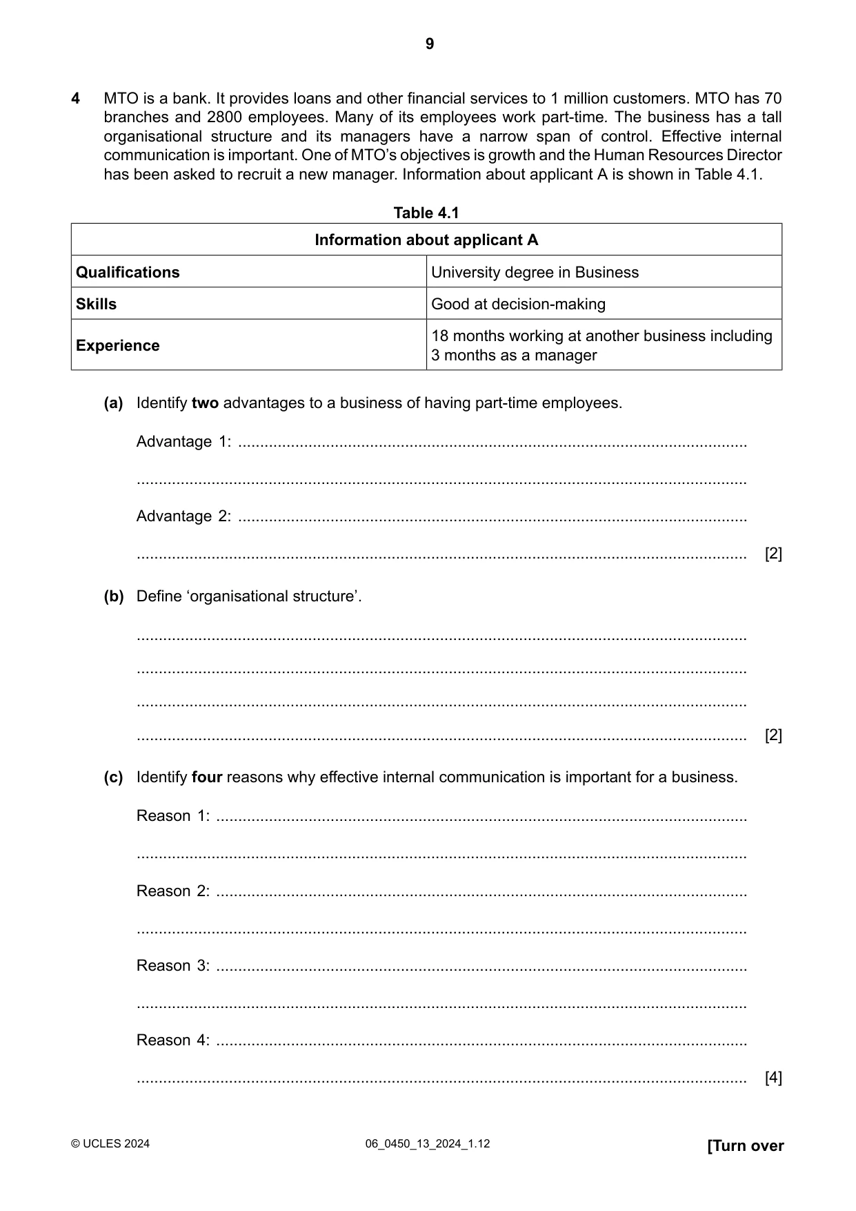 Cambridge IGCSE Business Studies 0450 2024 May/June Paper 1 · Variant 3 question paper, page 9 of 12