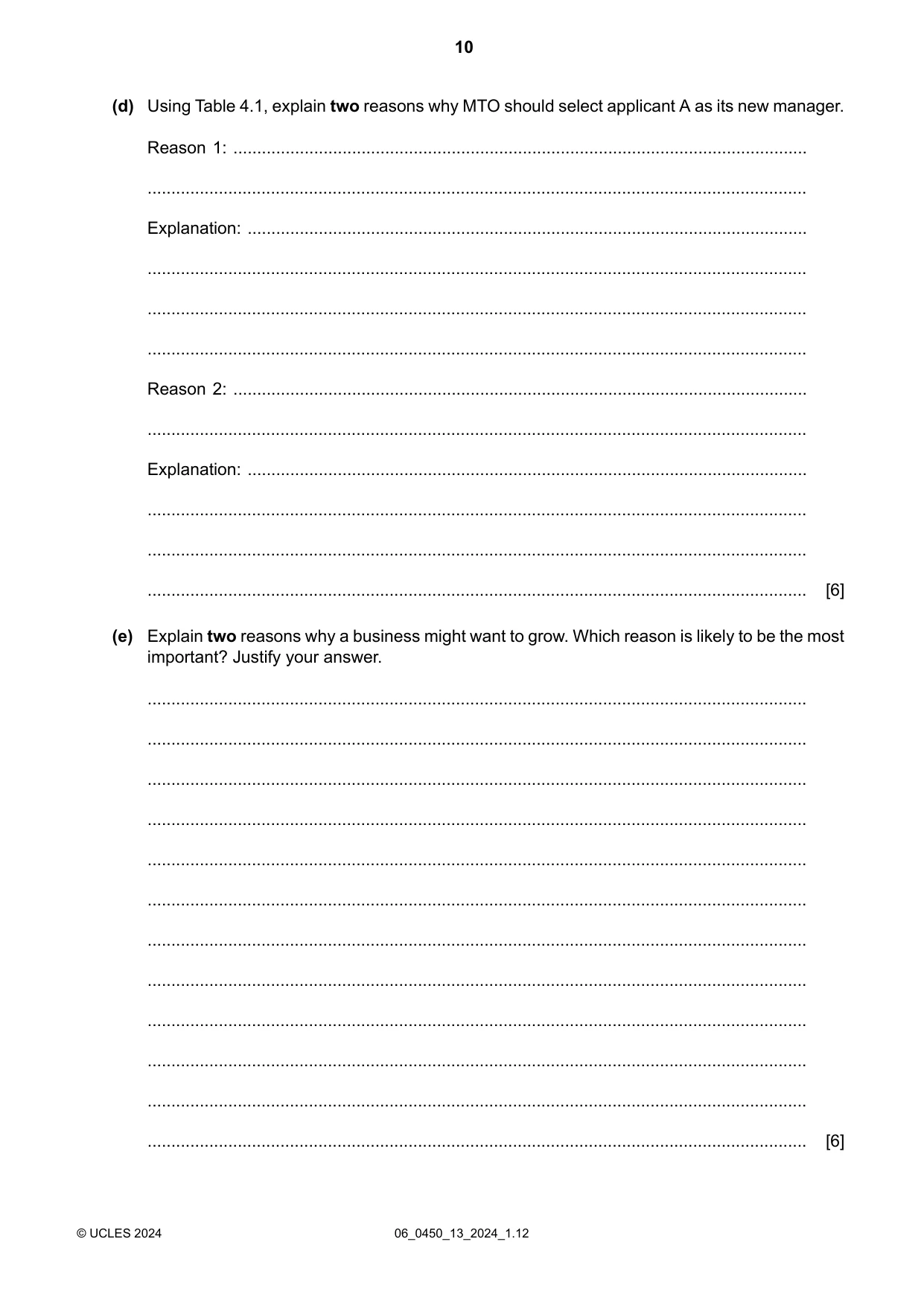 Cambridge IGCSE Business Studies 0450 2024 May/June Paper 1 · Variant 3 question paper, page 10 of 12