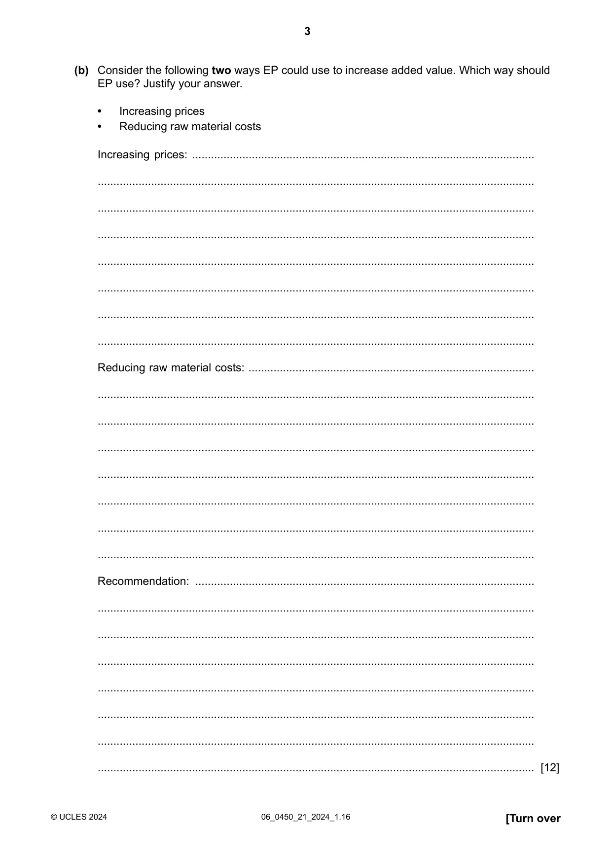 Cambridge IGCSE Business Studies 0450 2024 May/June Paper 2 · Variant 1 question paper, page 3 of 12
