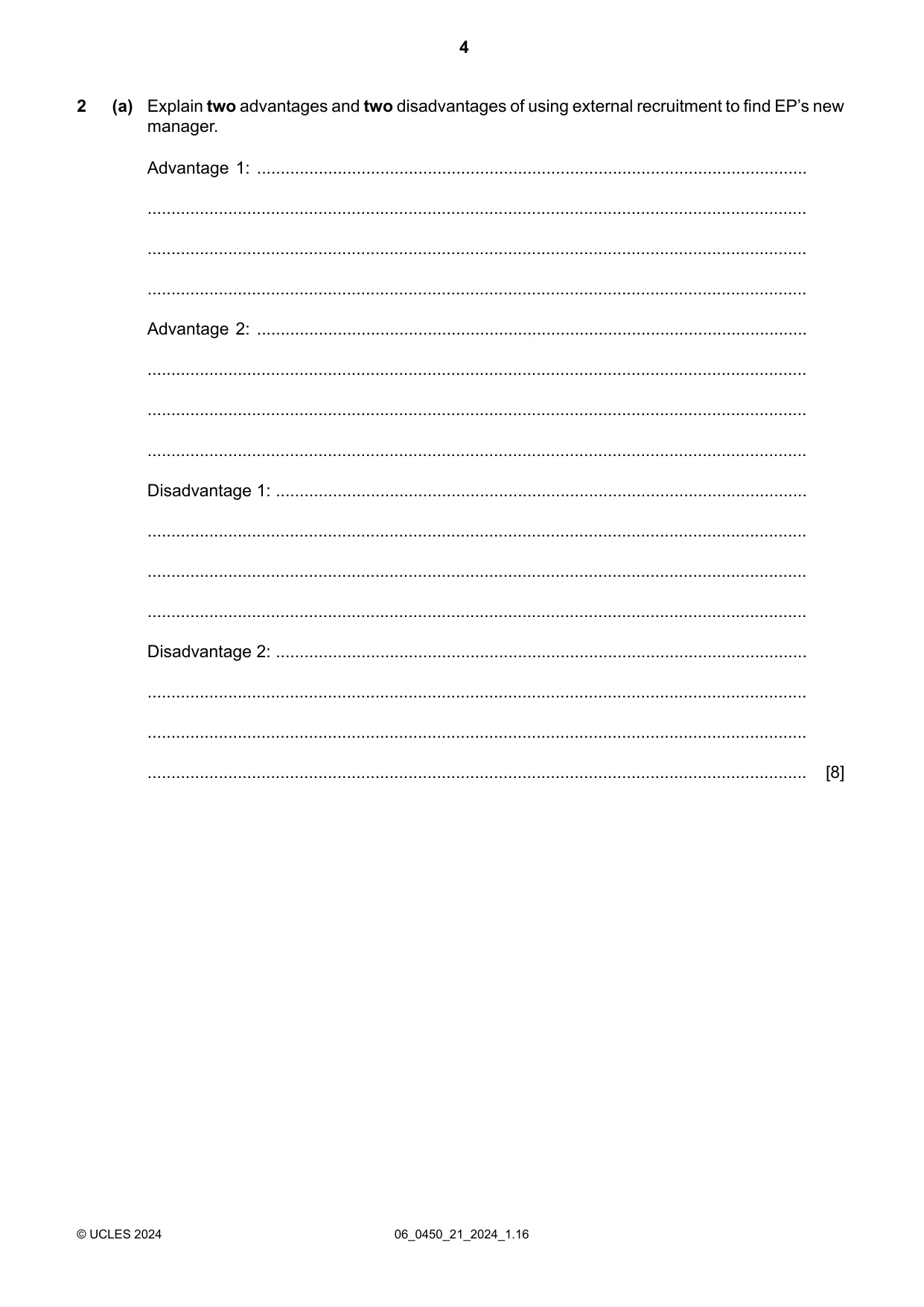 Cambridge IGCSE Business Studies 0450 2024 May/June Paper 2 · Variant 1 question paper, page 4 of 12